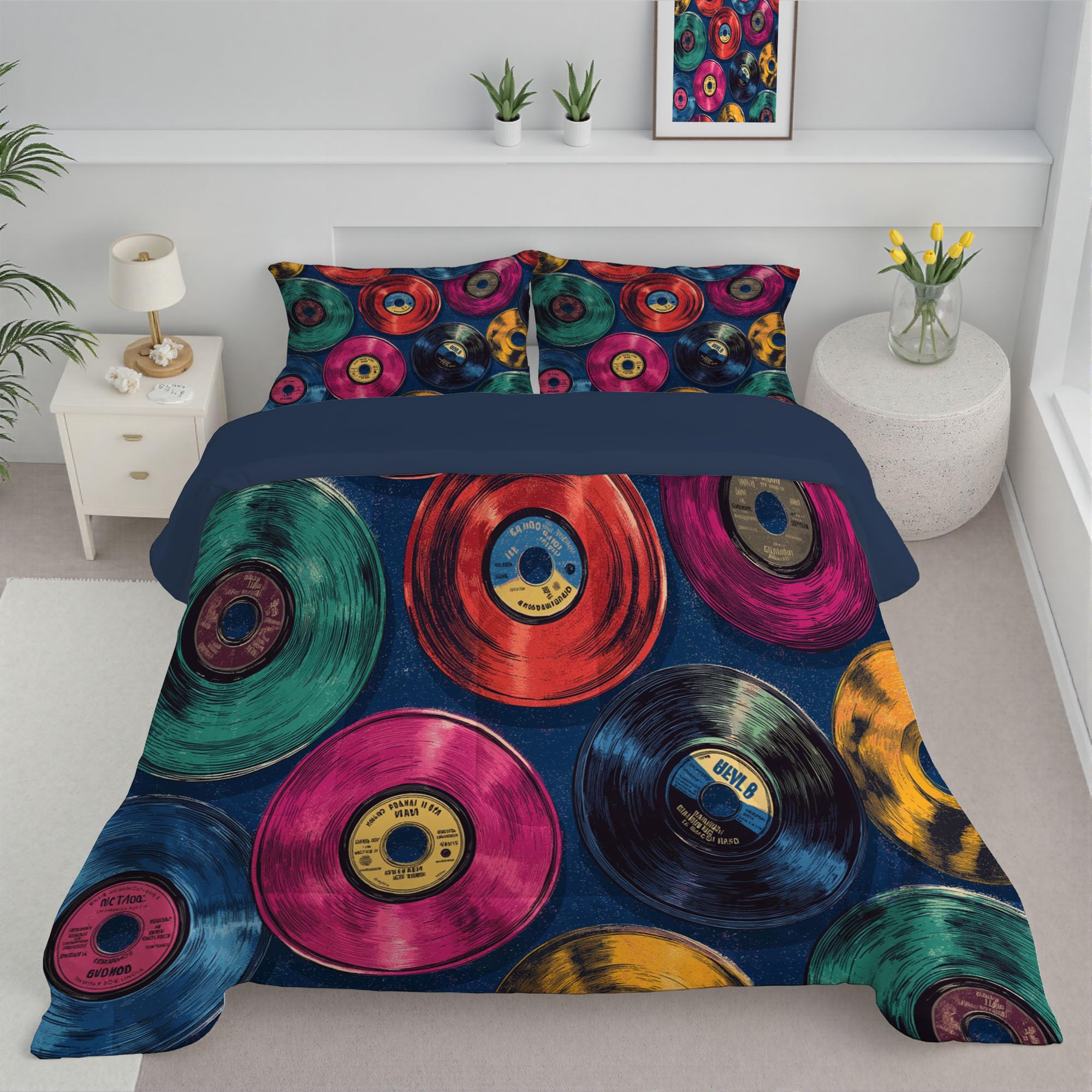 Piumino Letto Piazza E Mezza Con Federe, Piumino Trapuntato Tema Musicale Retrò,Dischi In Vinile Rock Classico Per Tutte Le Stagioni,Trapunta Reversibile Leggero Caldo,240X220Cm,Blu Scuro