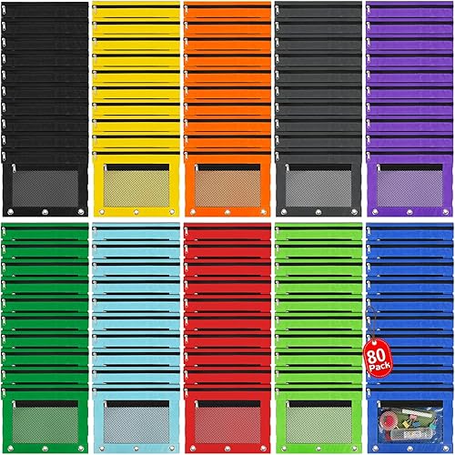 Miniatura 10 de IKAYAS 100 bolsas para lápices coloridas con cremallera, 3 anillas, bolsa para lápices para el aula, estuche para lápices a granel, estuche para