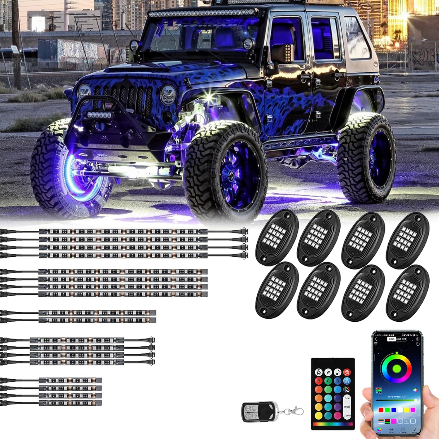 8 Pods RGB LED Rock Lights Kit for Vehicle and 18 Pcs RGB Motorcycle Underglow Light Neon Strip Kit, Waterproof Multicolor Underglow Kit for Truck Golf Cart ATV UTV RZR SUV Offroad Pickup 12-18V