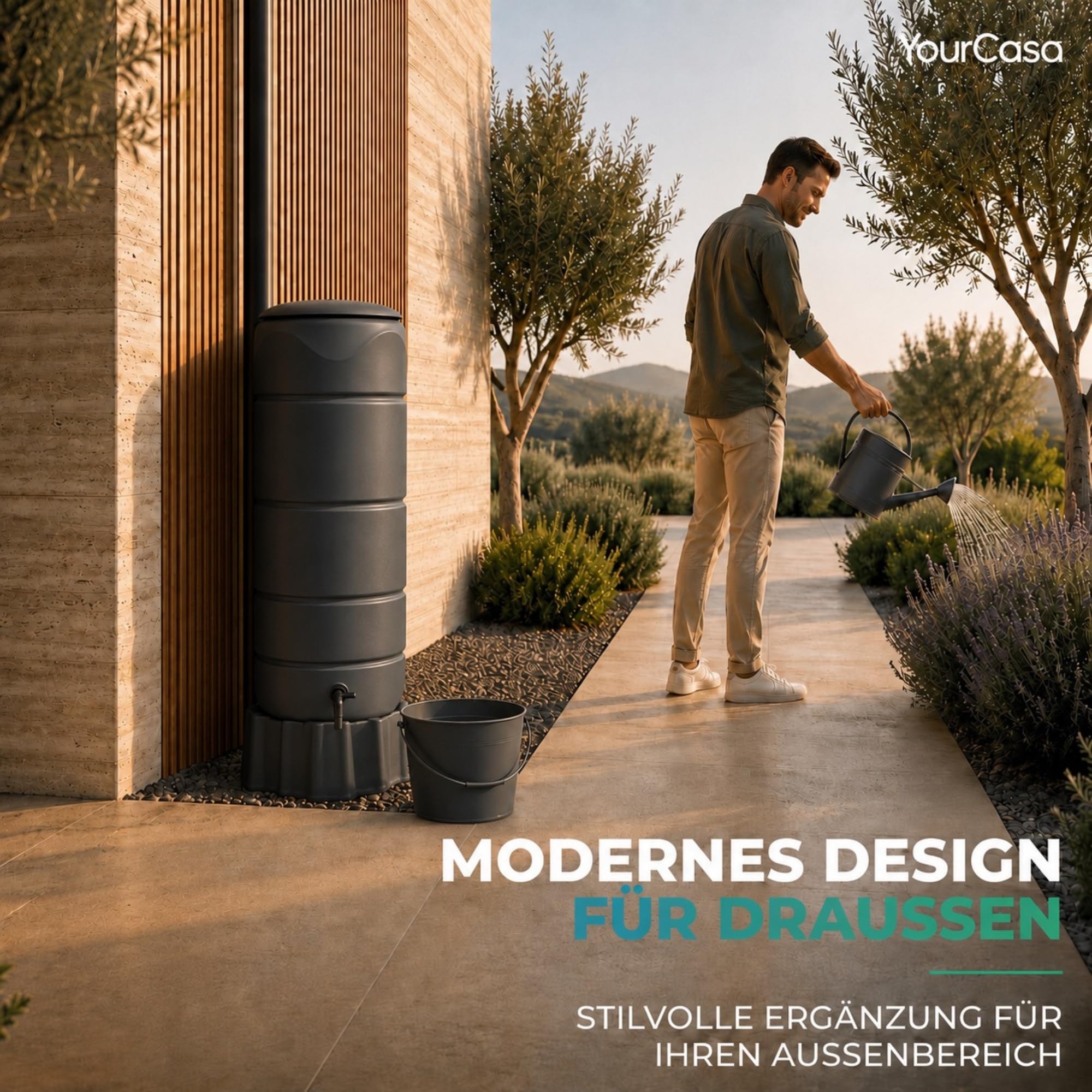 YourCasa Regentonne [CircleTower] 110L mit Standfuss, Deckel & Wasserhahn - Regenfass Frostsicher aus Kunststoff - Regenwassertonne - Regenwassertank Garten Wassertank Regensammler (Grau)