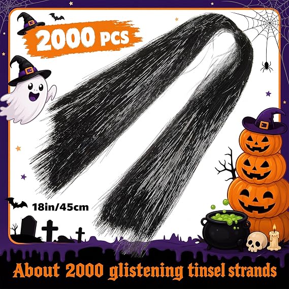 WILLBOND 2000 Strands Halloween Black Tinsel Icicle Halloween Party Decor