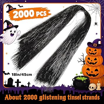 WILLBOND 2000 Strands Halloween Black Tinsel Icicle Halloween Party Decor