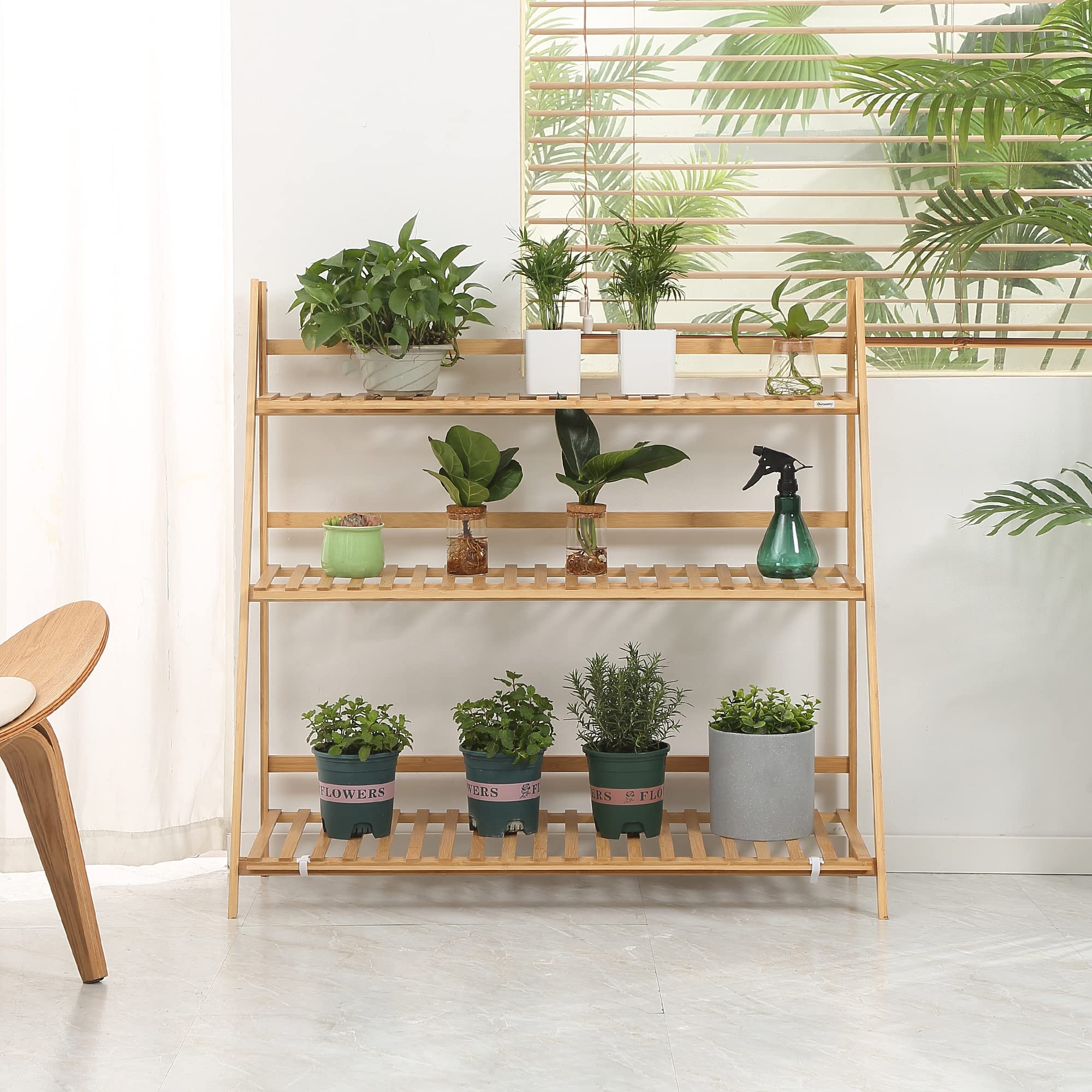 Outsunny Estantería para Plantas 3 Niveles Plegable 100x39x97 cm Natural | Bambú, Soporte para Flores, Estantería para Macetas, para Interiores y Exteriores