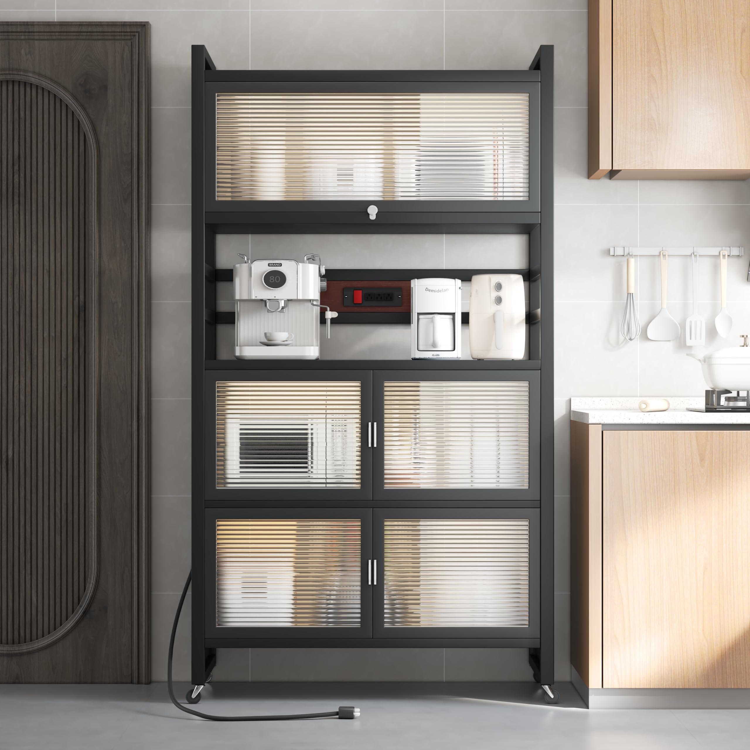 REENLIV 5-Tier Bakers Rack with Power Outlet, Microwave Stand, Bread Rack,Coffee Stand, Baker's Rack with Rolling Wheels and 4 Hooks, Kitchen Shelves for Spices, Pots and Pans,Black