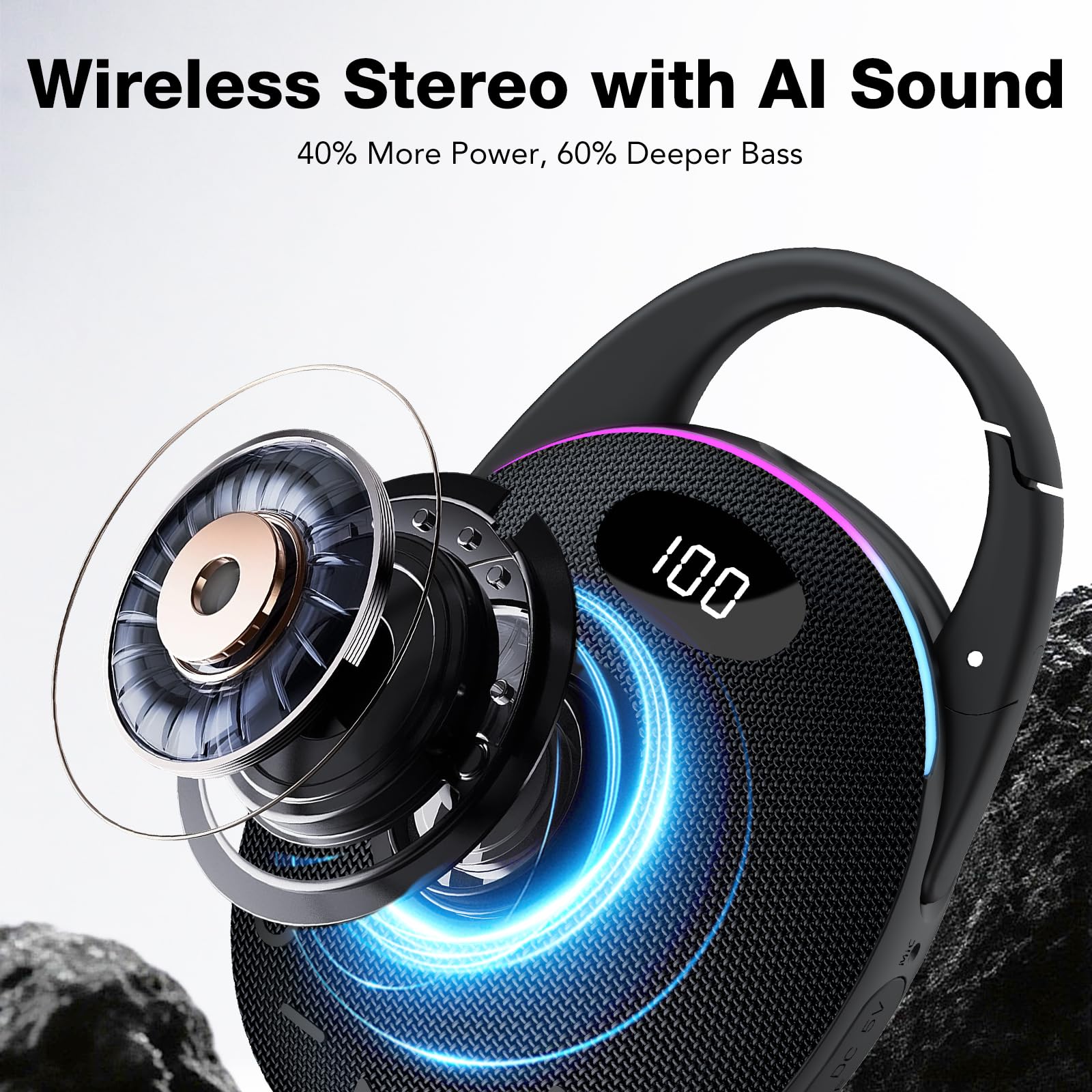 Visiter la boutique coioc Enceinte Bluetooth Ultra-Portable, LED Écran, Mousqueton intégré, Bass Puissantes, son Pro, Basses Puissantes, 25H d'autonomie, Lumières RGB, Appairage TWS,AUX,TF, pour l'extérieur/La Fête/Voyage,Noir in use