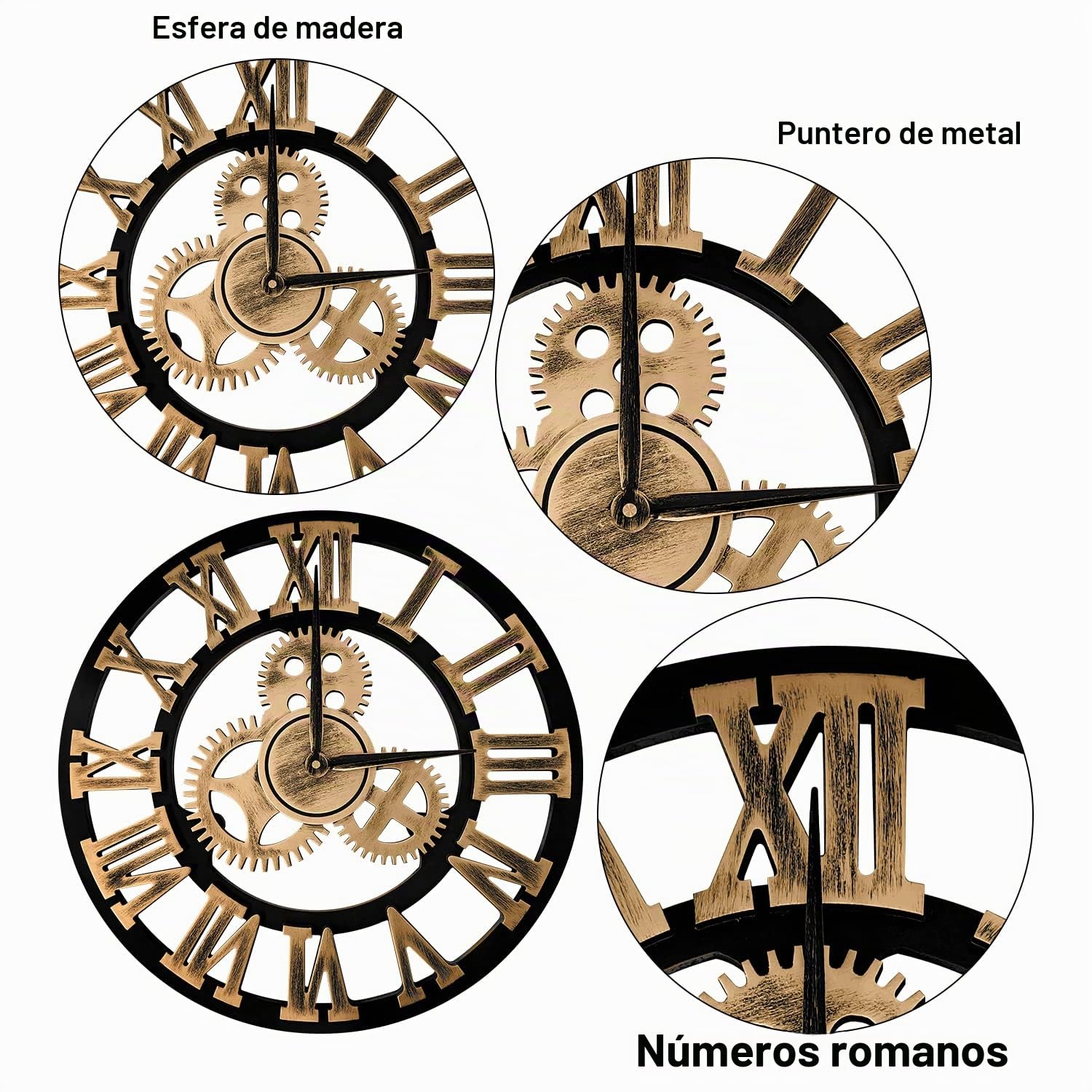 Reloj de Pared de Madera de Cuarzo con Números Romanos con Engranajes Vistos, Silencioso, no Hace tictac, para Sala de Estar, Dormitorio, Oficina, Cocina
