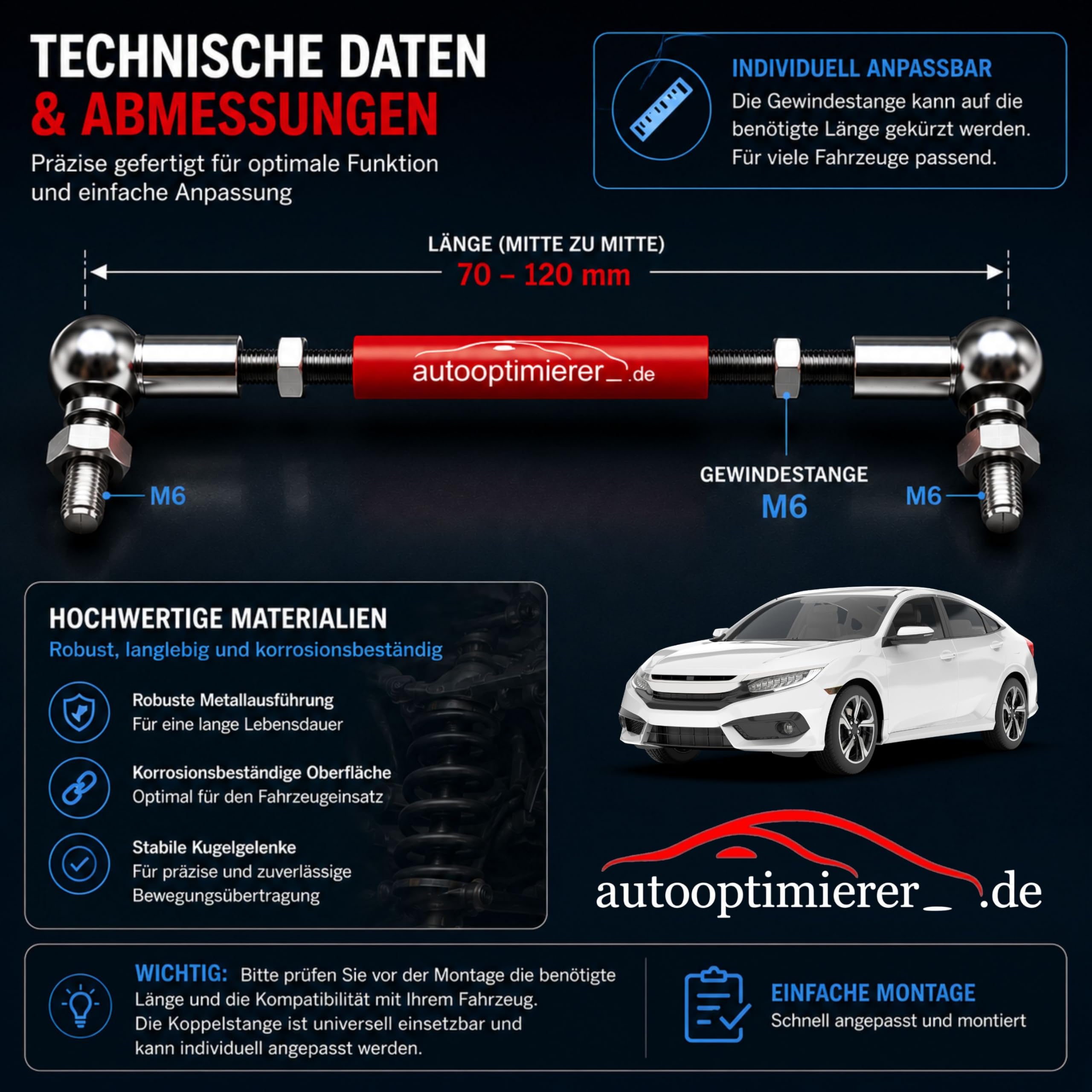 autooptimierer Xenon Reparatursatz Universal – Koppelstange für Leuchtweitenregulierung – Niveausensor M6 einstellbar – Reparaturset für Scheinwerfer-Höhenregulierung