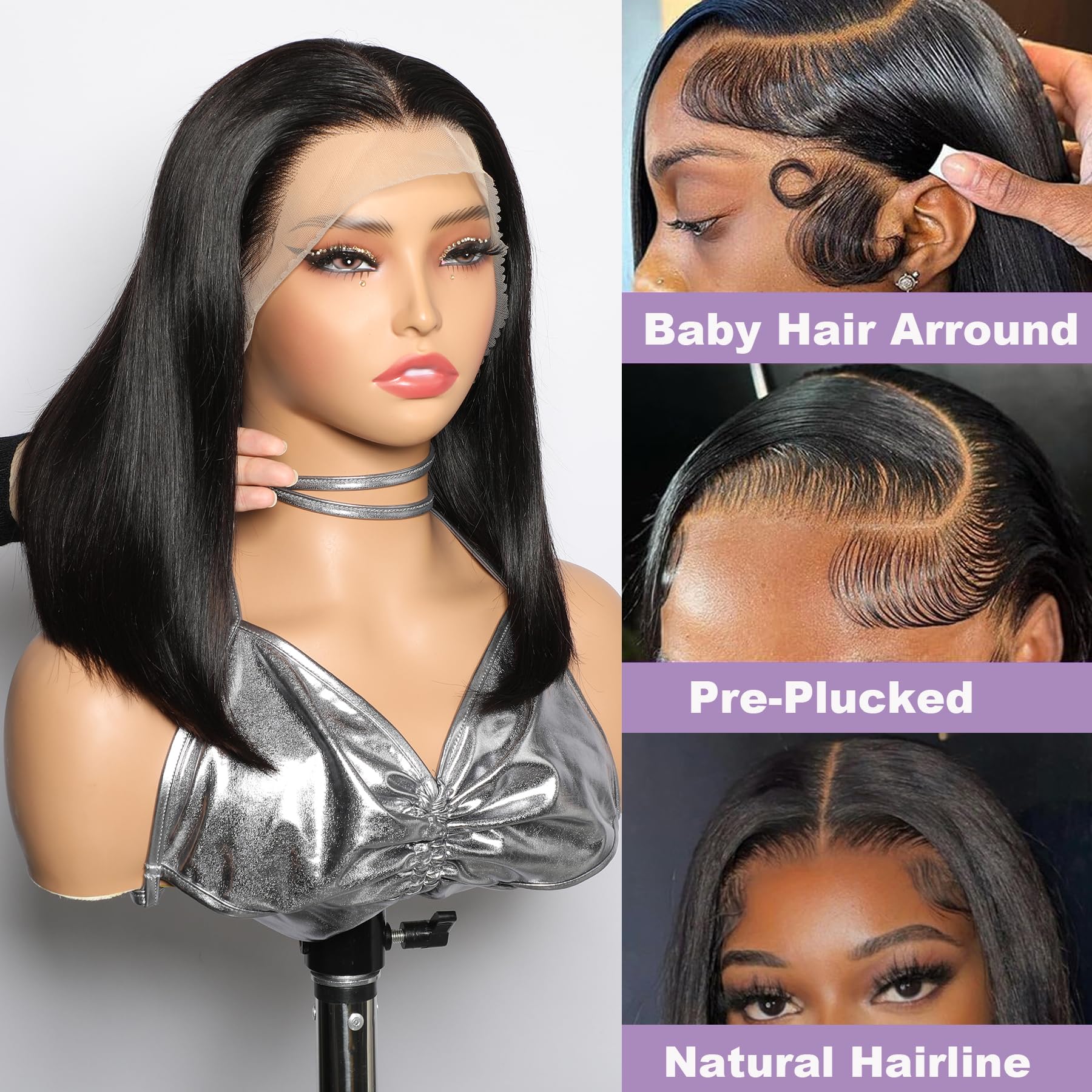 GIRLOFDREAMS 13x4 Bob Wig Human Hair Natural Color Straight Lace Front Wigs Glueless 180 Density Pre Plucked with Baby Hair Brazilian Remy Short Hair Transparent Lace Frontal Wigs for Black Women - Image 4