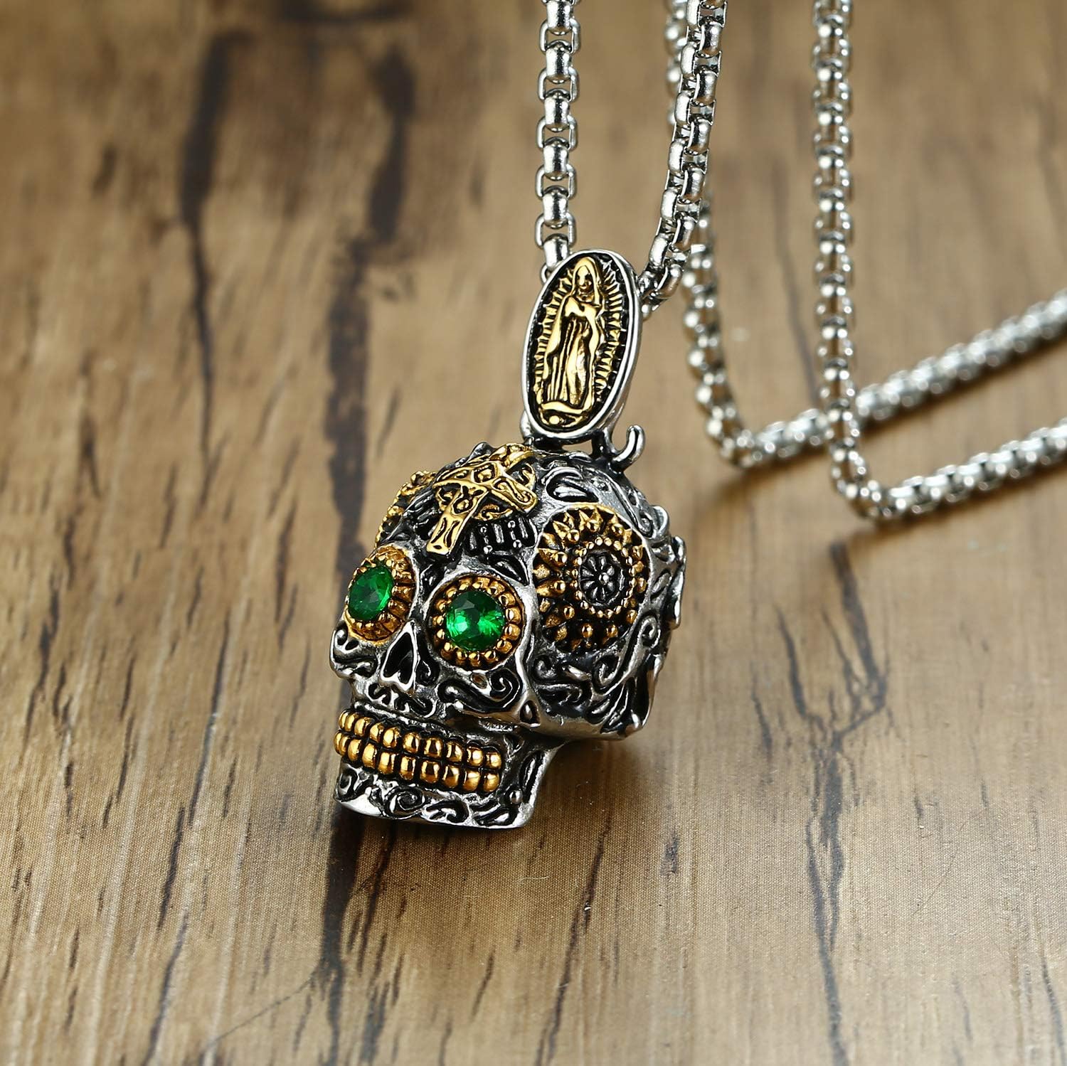 Stainless Steel Sugar Skull Pendant Necklace Gothic Skeleton Pendants for Men with 24inch Chain - Image 2
