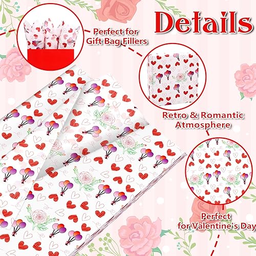 Miniatura 3 de 100 hojas de papel de seda rosa con globos de corazón rojo, 20 x 14 pulgadas, papel de seda con patrón de corazón para el día de San Valentín,