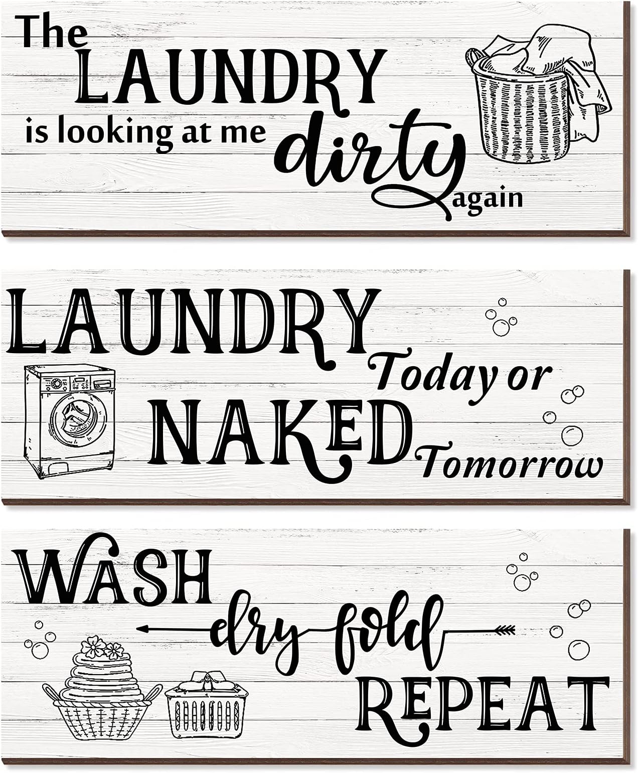 4 pcs Laundry Room Wall Decor Accessories Wooden Signs Rustic Family Farmhouse Laundry Room Decor Wall Plaque Wash Fold Repeat Vintage Wood Laundry Rules Sign, 11 x 3.9 Inch(Classic Color)