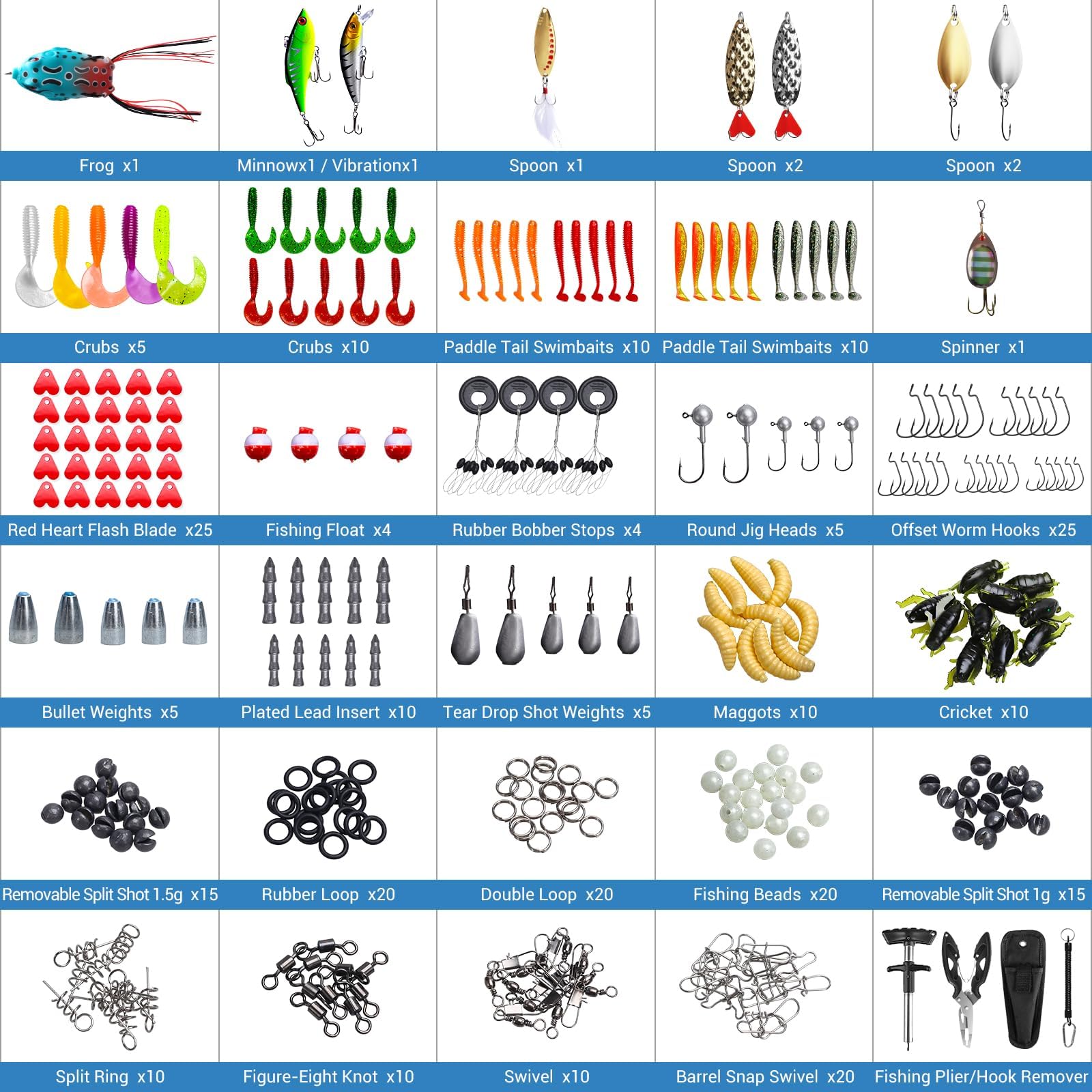Set di 315 esche da pesca, set con pinza e rimozione ganci, organizzatore compatto a 3 livelli, valigetta da pesca con accessori, regalo per uomini, principianti, adulti e bambini