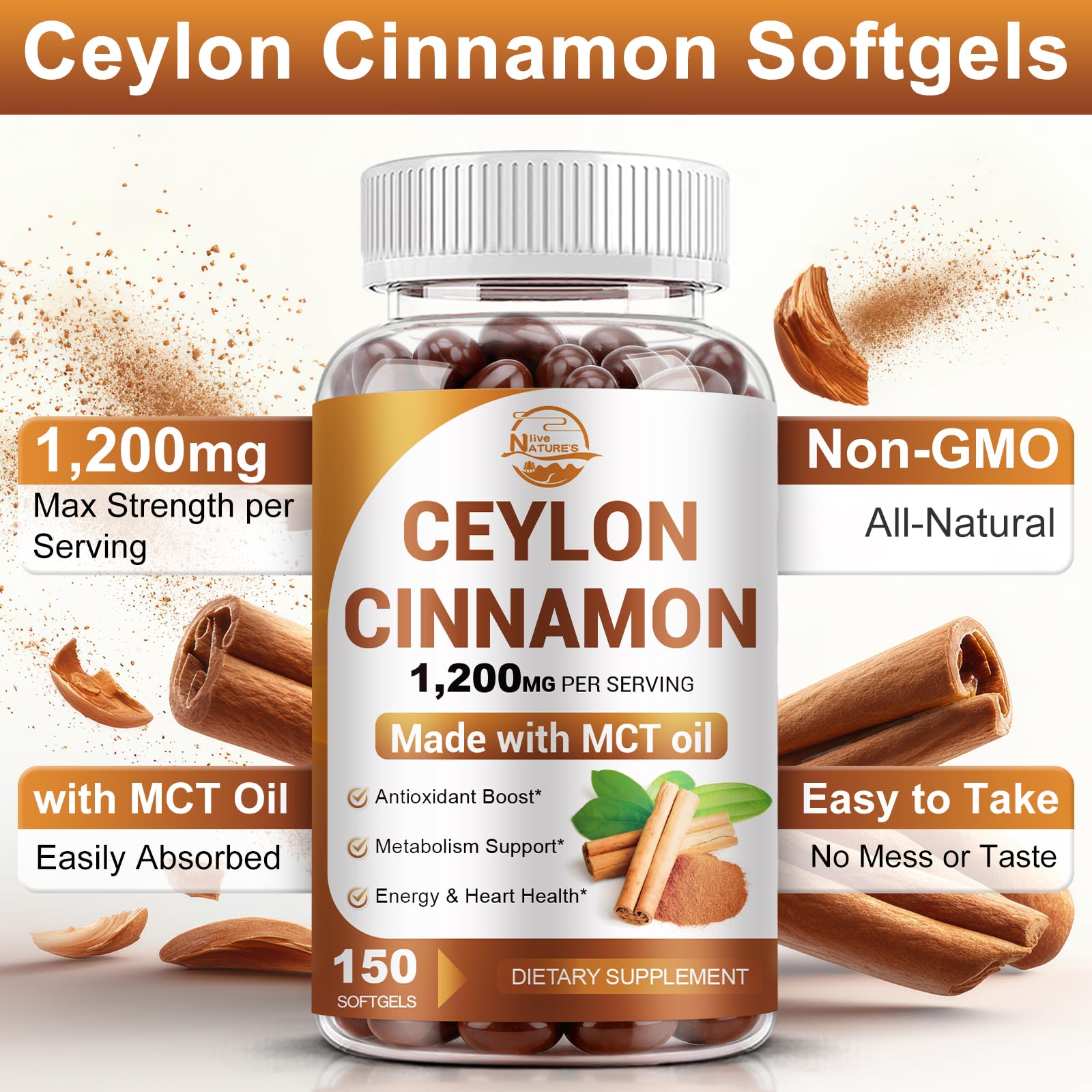 Nature's live Ceylon Cinnamon Supplement with MCT Oil, 150 Softgels — Amazon image 2