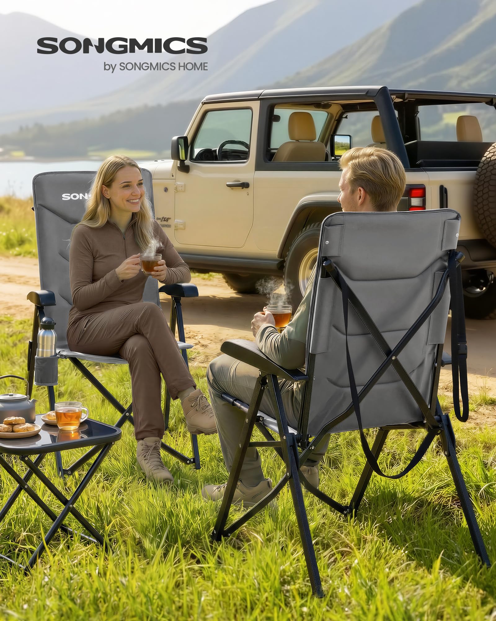 SONGMICS Set di 2 Sedie da Campeggio, Reclinabile 95°-150°, Pieghevole Imbottita, Schienale Alto Regolabile, Portabicchiere, Borsa con Tracolla, per Giardino, Pranzo, Pesca, Grigio GCB015GZ01-2J