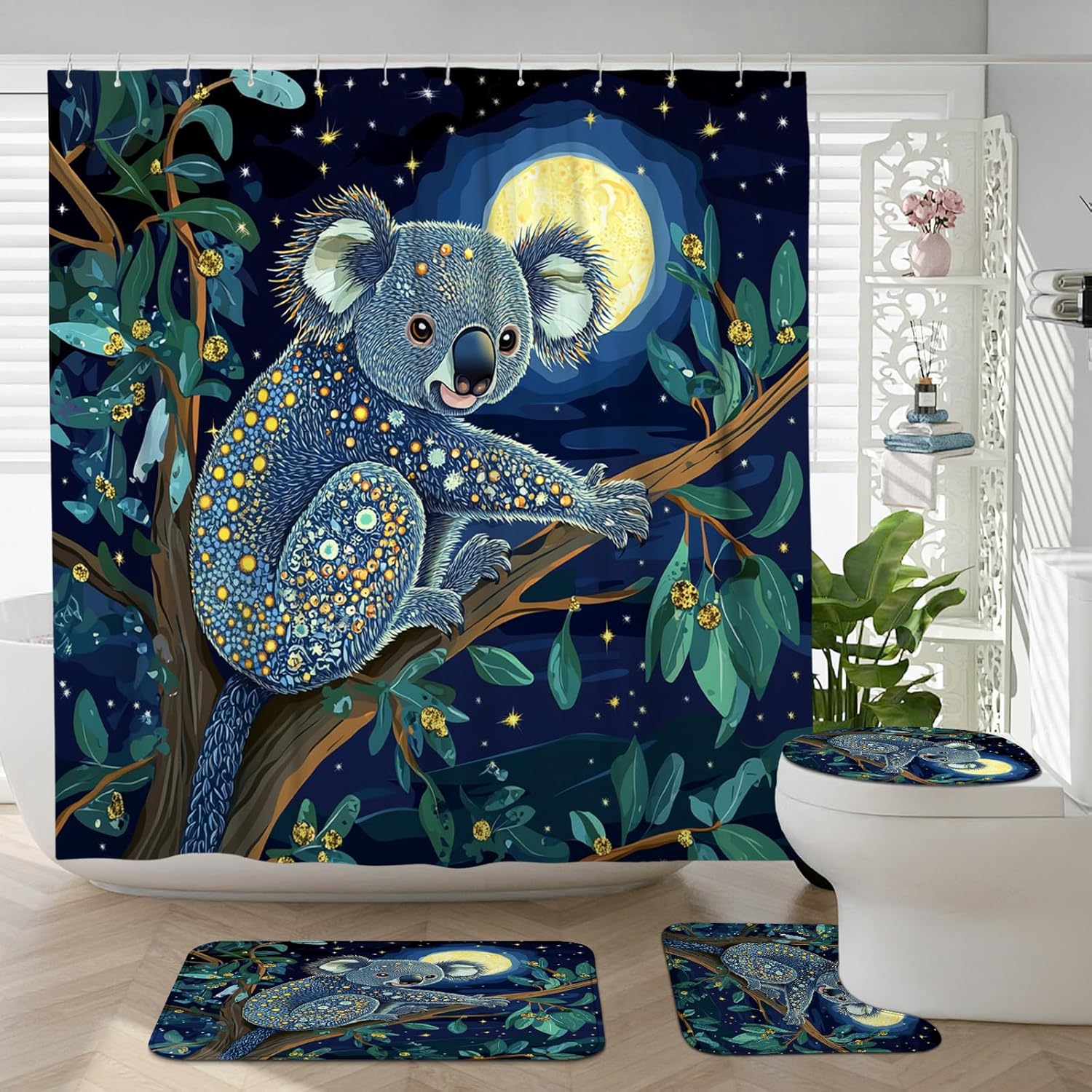 4PCS Fun Koala Pet Shower Curtain Sets with Non-Slip Rug, U Shape and Toilet Lid Cover Mat, Cartoon Night Branch Bath Decor, Bathroom Accessory with Hooks