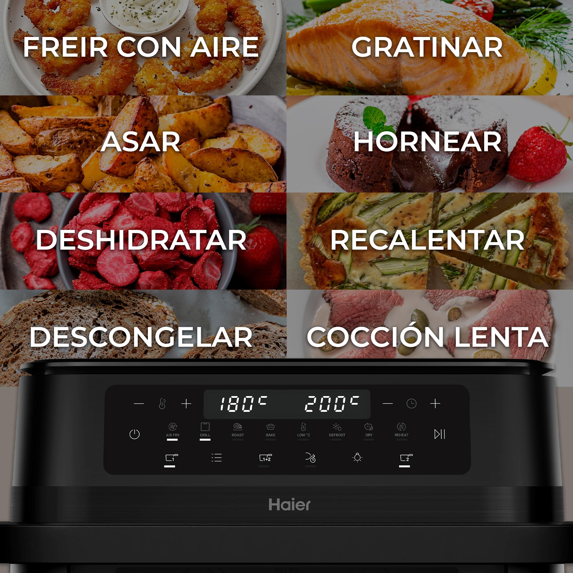 Haier Freidora de Aire Doble Cajón Flex 11L con Divisor y Ventana, 8 en 1: Air Fry, Grill, Asar, Hornear, Secar, Recalentar, Descongelar, Cocción Lenta, Sync, Antiadherente, Lavavajillas [HAF3ADW]