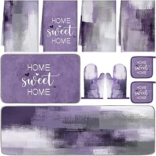 Fourluoo 10 Pcs Grey and Purple Kitchen Decor Set Vintage Kitchen Accessory | Oven Mitts, Pot Holders, Rugs, Dish Towels, Floor Mats, Modern Home Decor for Women, Farmhouse Cooking Supplies, Fall Gift