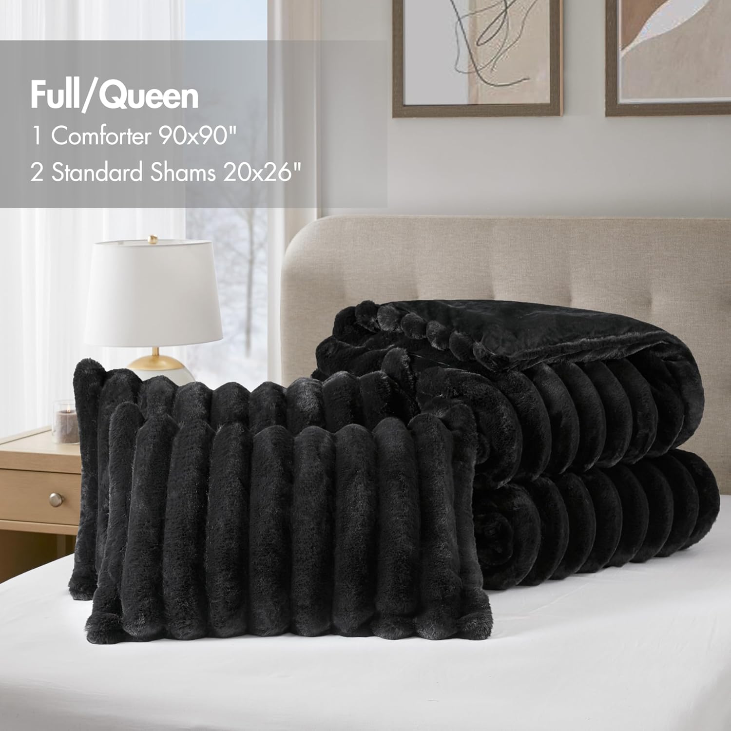 Madison Park Jasmine Queen Comforter Set, Luxurious Reversible Faux Fur Plush Ribbed Velvet Bedding, Fuzzy Thick Warm Winter Comforter, Super Soft Fluffy 3-Piece Set Black