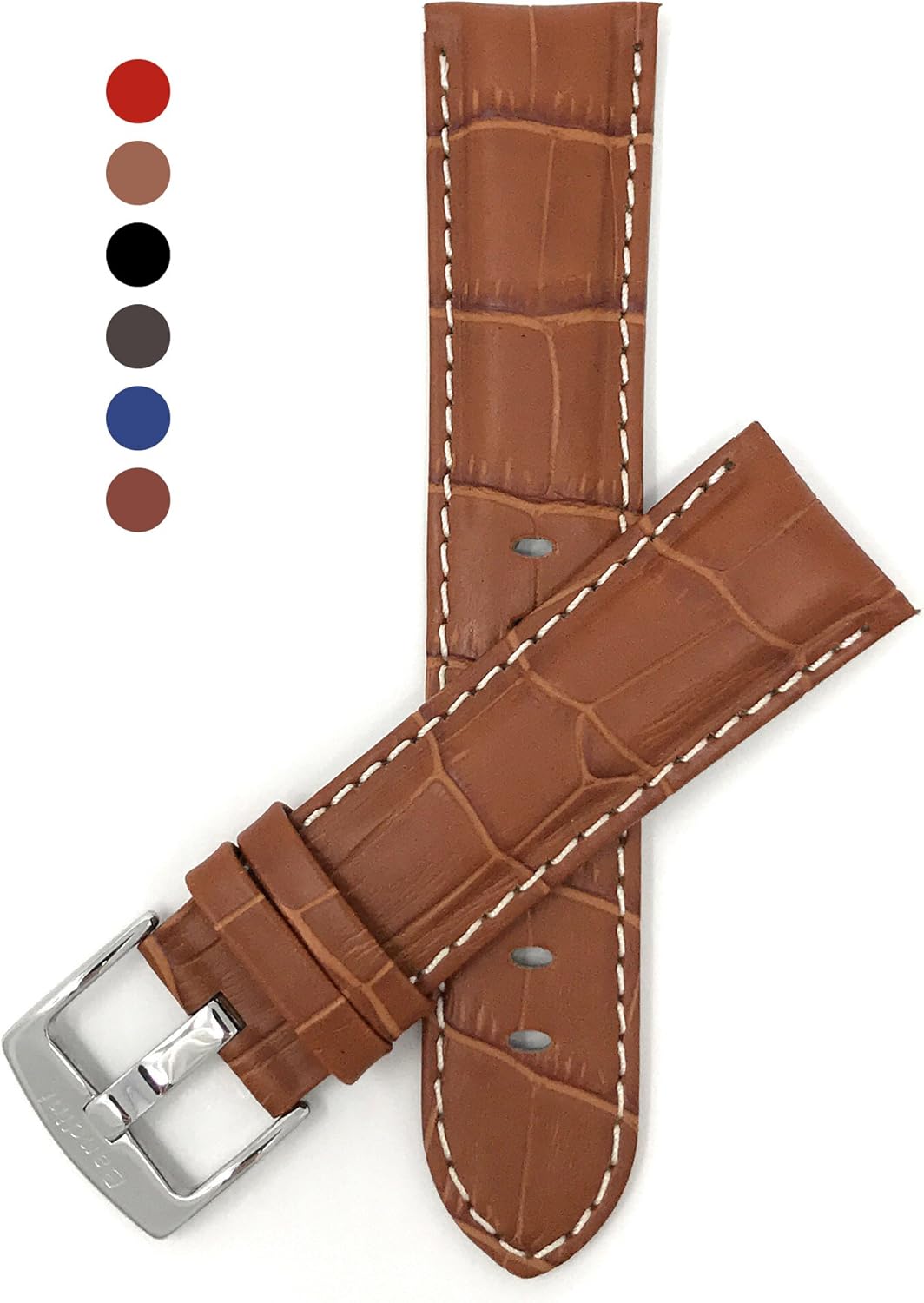 Mens Leather Watch Band - Alligator Pattern - White Stitch - 5 Colors - 18mm to 38mm (Most sizes also come in Extra Long XL)