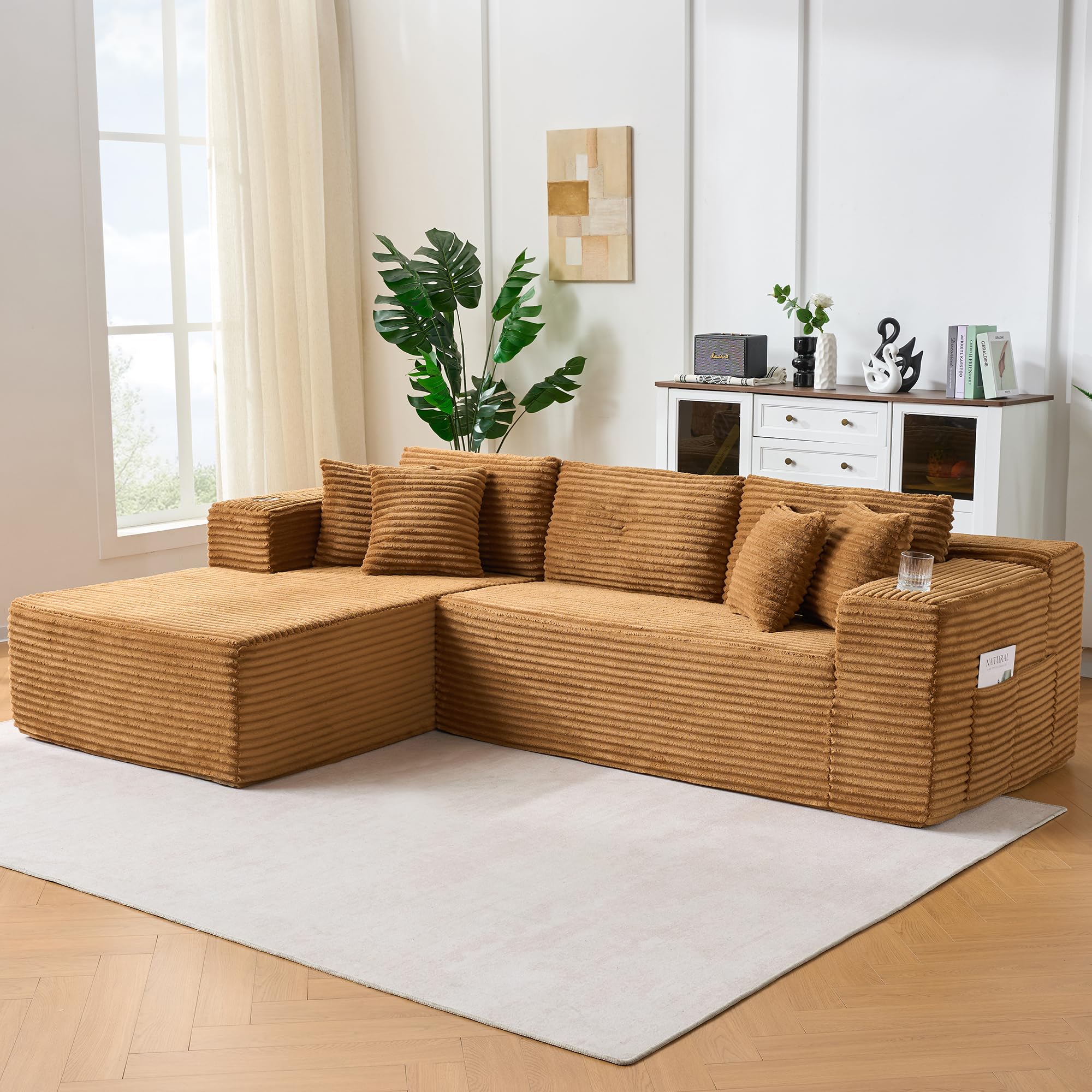 105" Modular Sectional Sofa, Cloud Sectional Couch with Cup Holders, L-Shape Sofa Couch with Deep Seat, Upholstered Corduroy Boneless Couches for