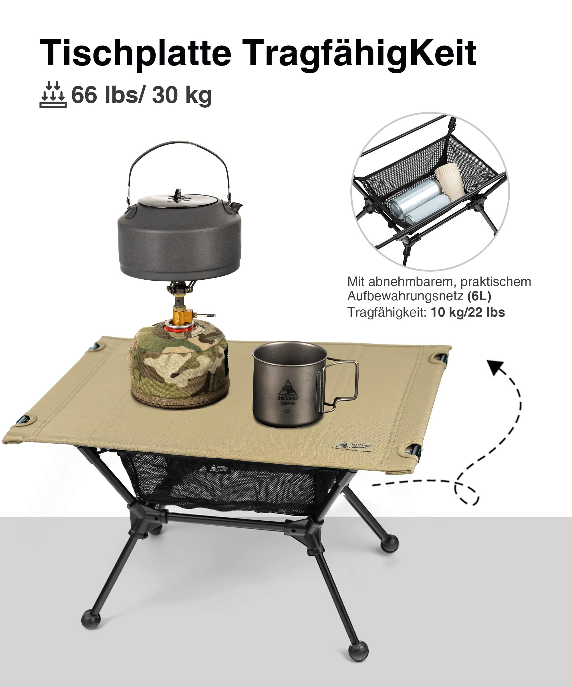 OneTigris Dipper faltbar Campingtisch klappbar, Camping Tisch Klapptisch mit Tragetasche und Netztasche, Kleiner Tisch Outdoor Ultraleicht für Angeln Wandern 60 x 40 x 37 cm