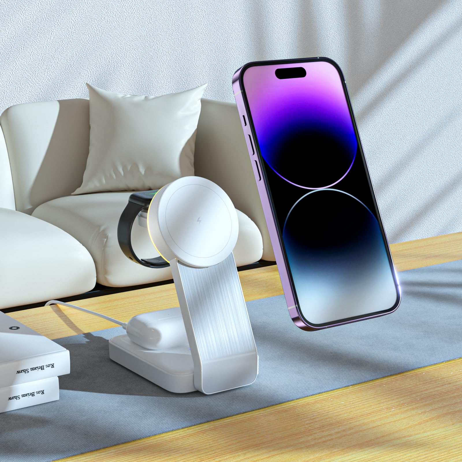 Tigratigro Caricatore Wireless per iPhone con Mag-Safe, 3 in 1 Ricarica Rapida Stazione Magnetica Pieghevole portatile Charger per iPhone 12/13/14/15/16, AirPods 2/3/4/Pro, Apple Watch-Bianco