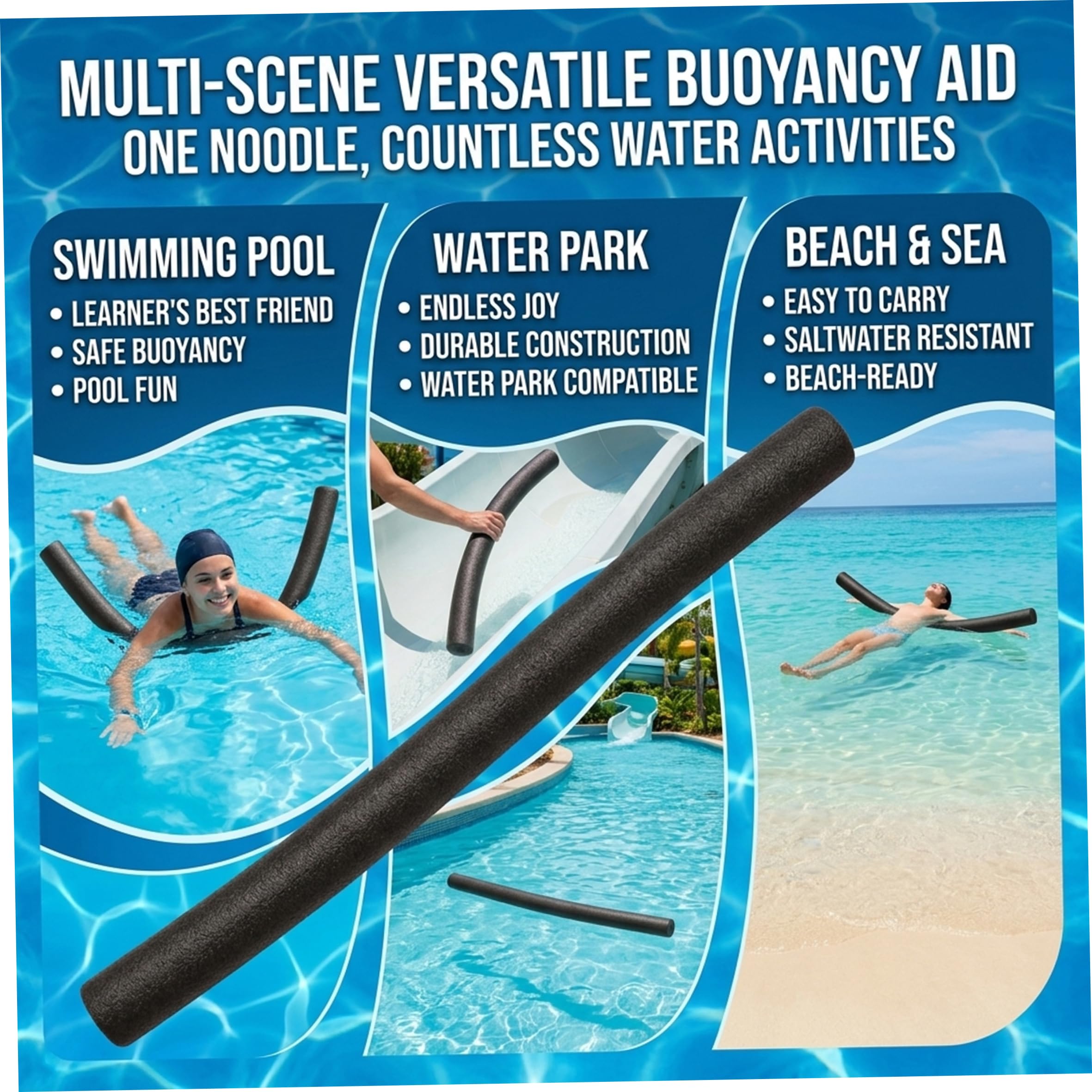 Lot de 3 Frites de Piscine Noires en Mousse PE Creuse, flottantes, antidérapantes et Absorbant Les Chocs