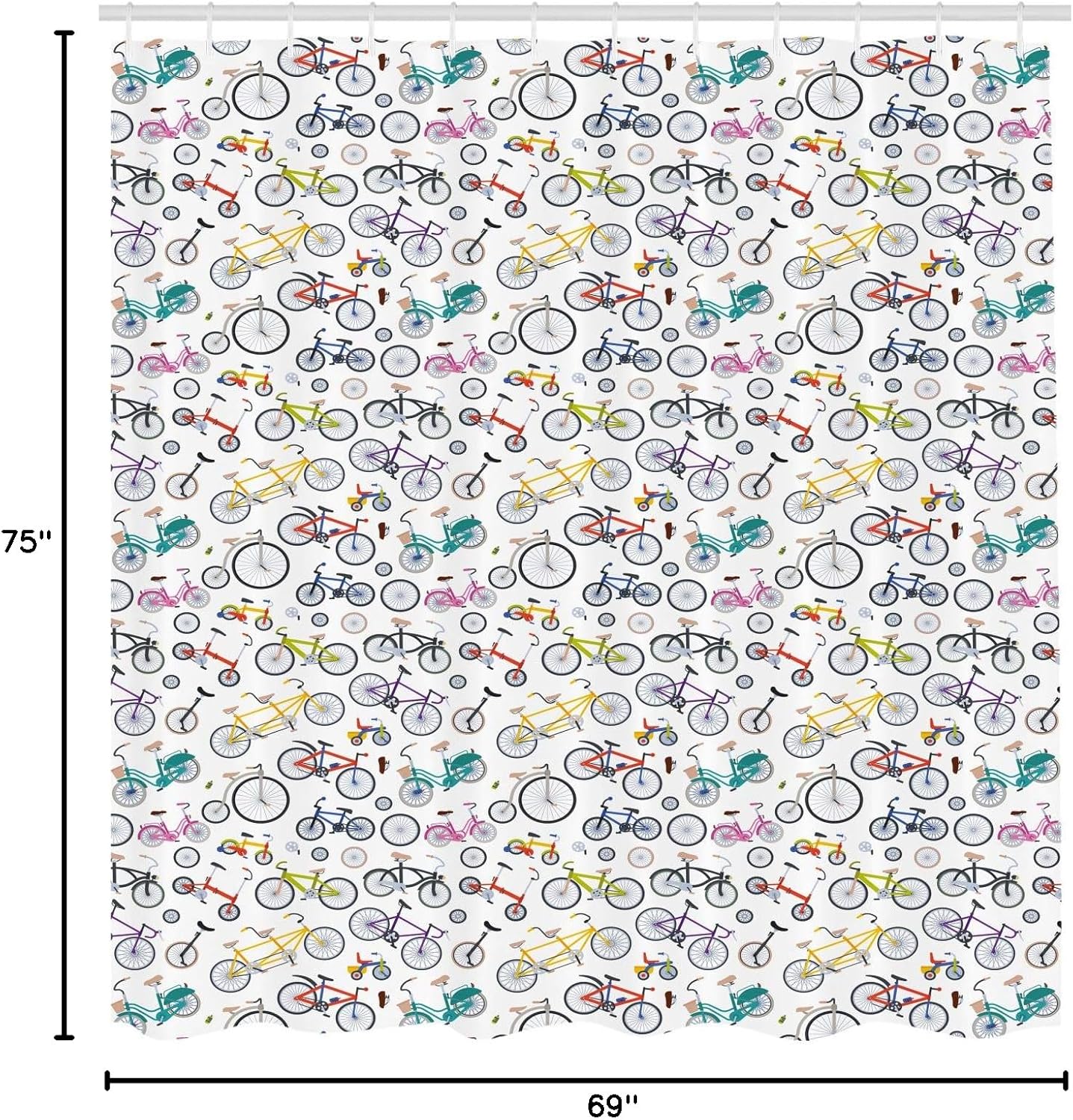 Ambesonne Bicycle Shower Curtain, Retro Style Colorful Bicycles of All Styles and for All Age Groups Training Wheels, Cloth Fabric Bathroom Decor Set with Hooks, 69" W x 75" L, Dark Blue Grey