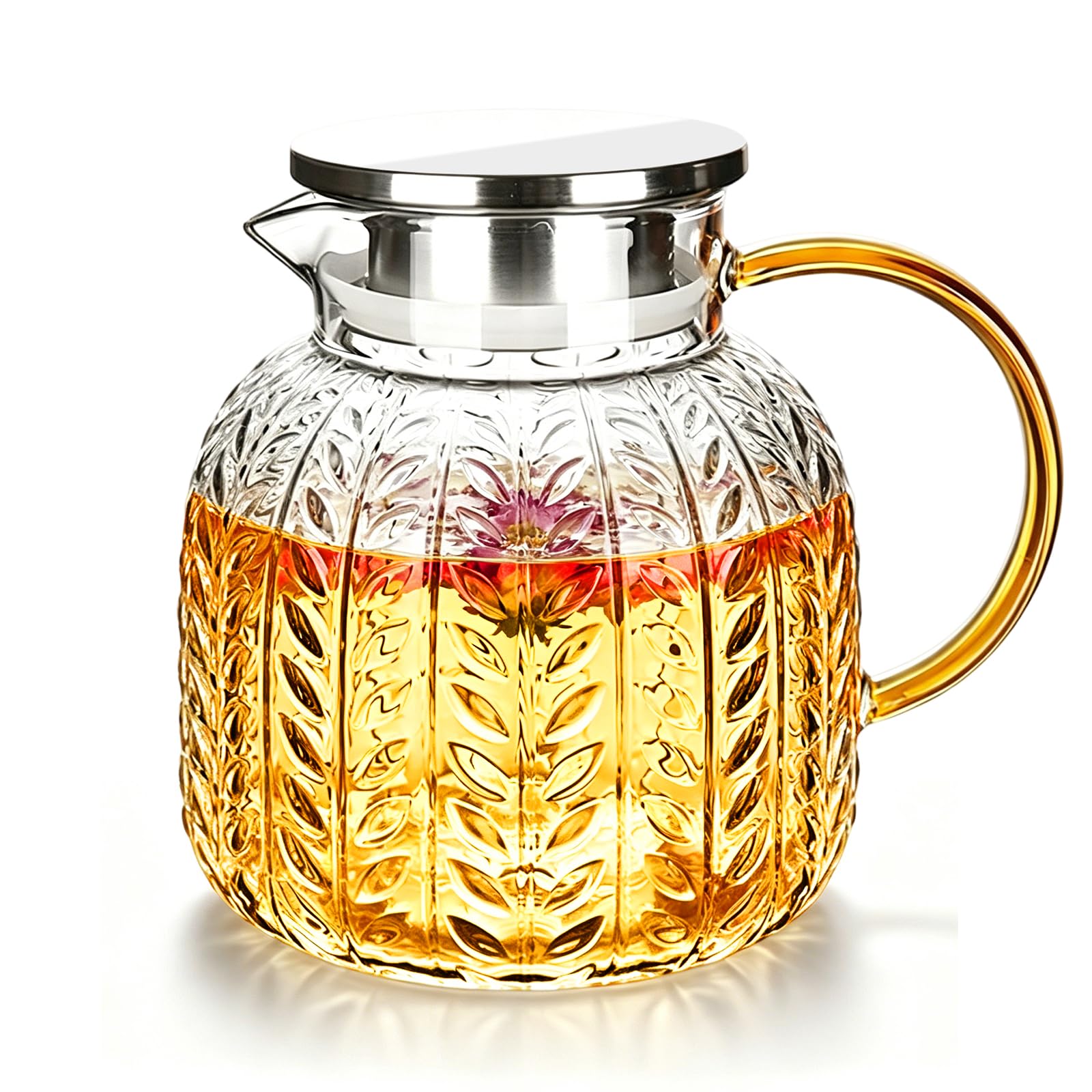 Teekanne 1,3 Liter aus Borosilikatglas, Kaffeekanne Glas, Glas Teekanne, Hitzebeständige Glaskanne mit Edelstahl-Deckel und Integriertem Sieb, Wasserkaraffe mit Deckel für Heiße und Kalte Getränke