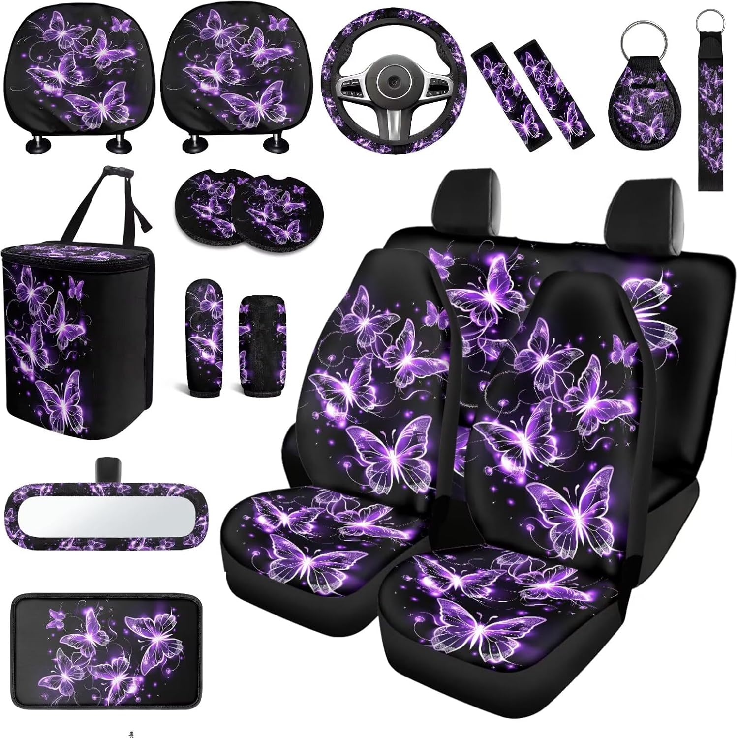 Butterfly Car Seat Covers Full Sets of 18 Pcs Purple Butterfly Car Interior Accessories Set with Steering Wheel Cover Car Trash Can Car Headrest Covers Belt Pads Cover Armrest Pad for Women