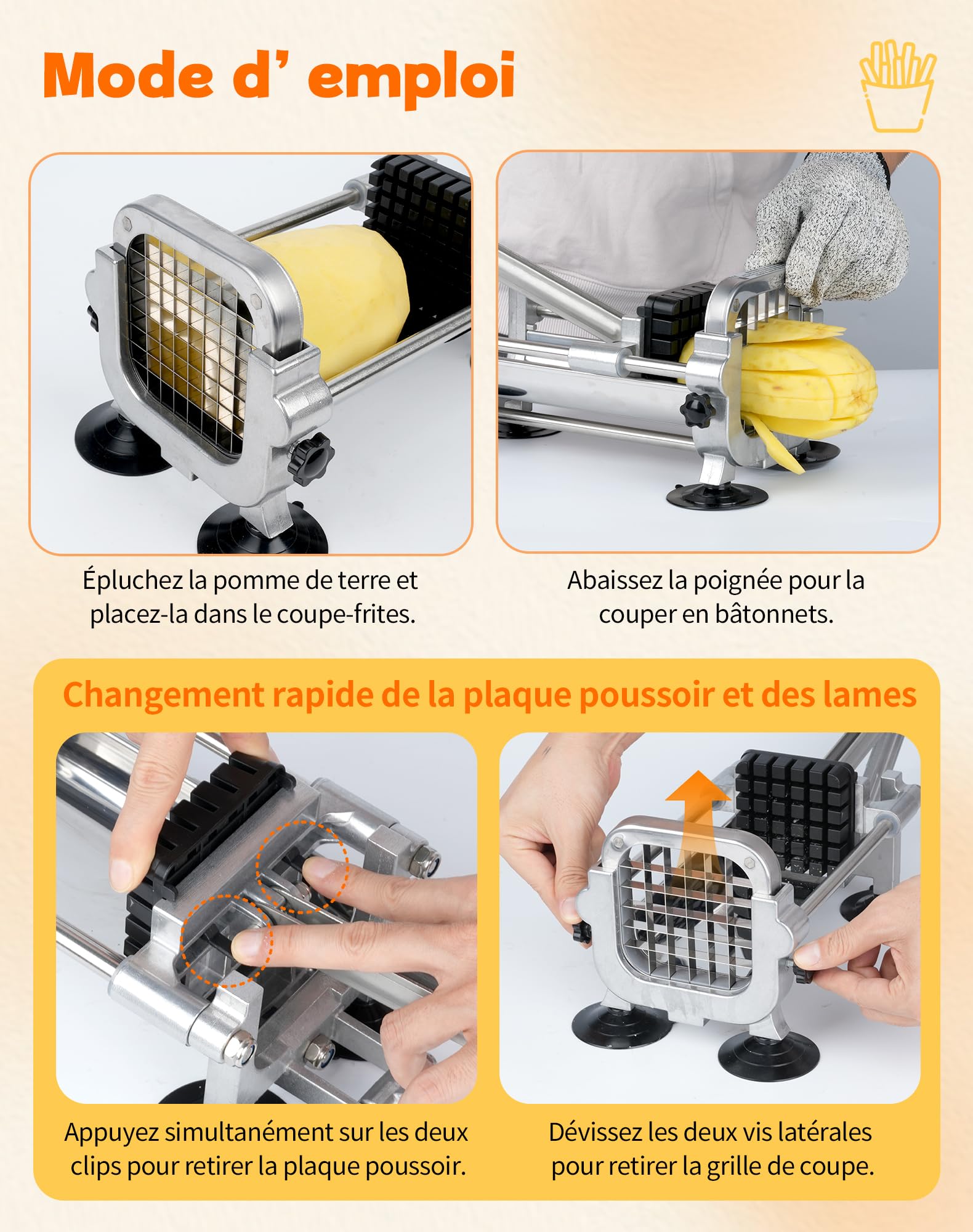 Coupe-Frites Manuel en Acier Inoxydable Coupe Frite Professionnel avec Lames 6,5 mm / 9 mm / 13 mm Coupe Pomme De Terre pour Frite Idéal pour Patates Douces Carottes Et Concombres