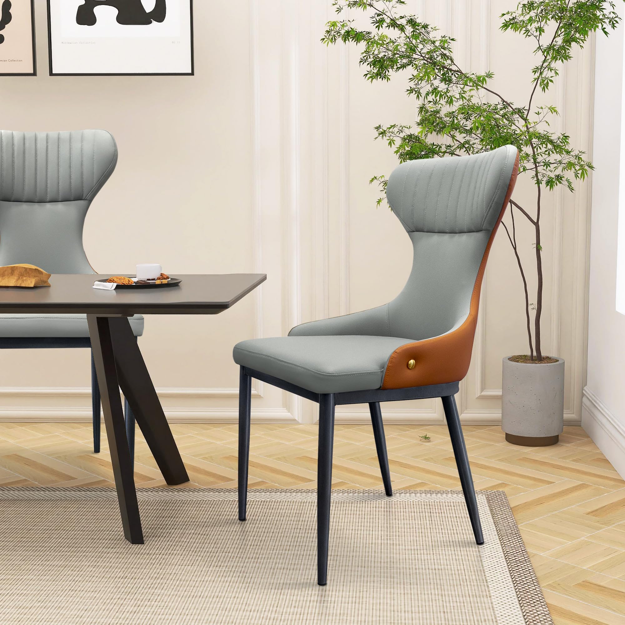 Jerry & Maggie Leather Dining Chairs Set of 2, Modern Color-Blocking Kitchen Chairs for Living Room with Metal Legs, Soft Cushions and Fishtail-Shaped