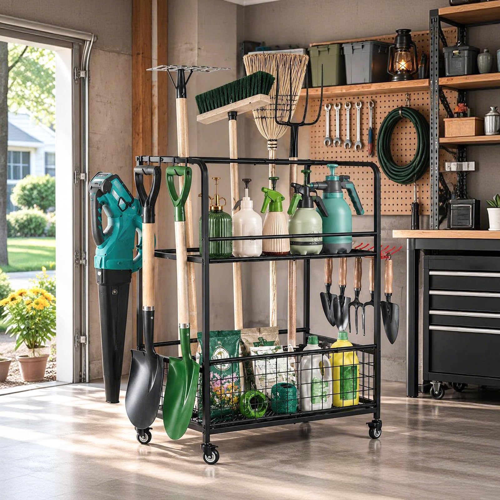 Gartenwerkzeug-Organizer mit feststellbaren Rädern, Garage/Hof-Werkzeugregal