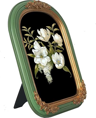 Miniatura 2 de PARAFAYER - Marco de fotos vintage de 5 x 7 pulgadas, marco de fotos arqueado verde envejecido con intrincado relieve floral dorado, parte frontal