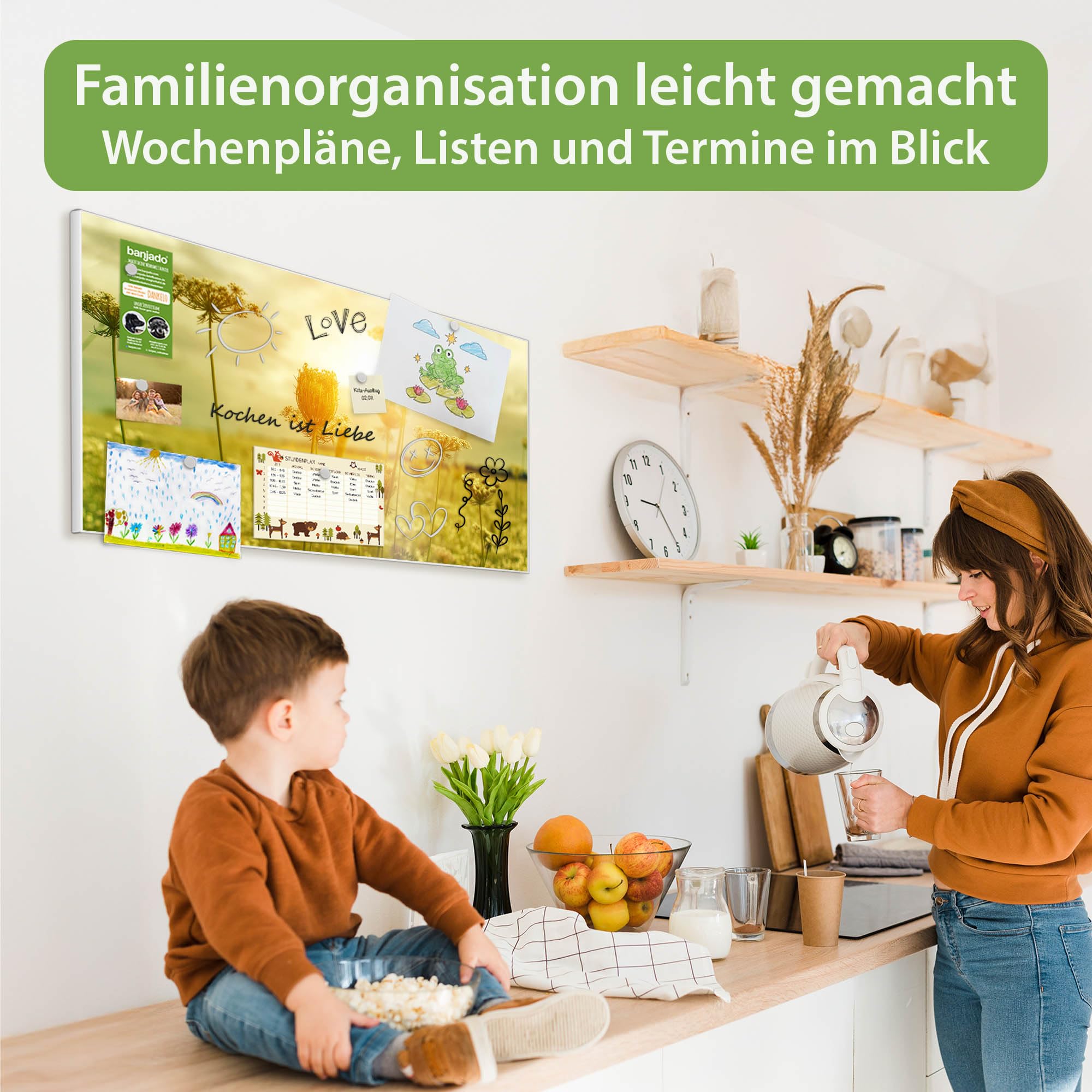 banjado Magnettafel Metall 78 x 37cm - beschreibbare Magnettafel - Metall Pinnwand als Memoboard - Magnetwand Küche, Büro, Kinderzimmer Weiß inkl. 4 Magnete & Montageset - Motiv Dill im Sonnenlicht