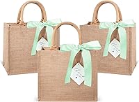 Vista 24 de Paquete de 6 bolsas de arpillera con asas reutilizables pequeñas bolsas de regalo de yute con cintas de seda moradas, forro impermeable para boda