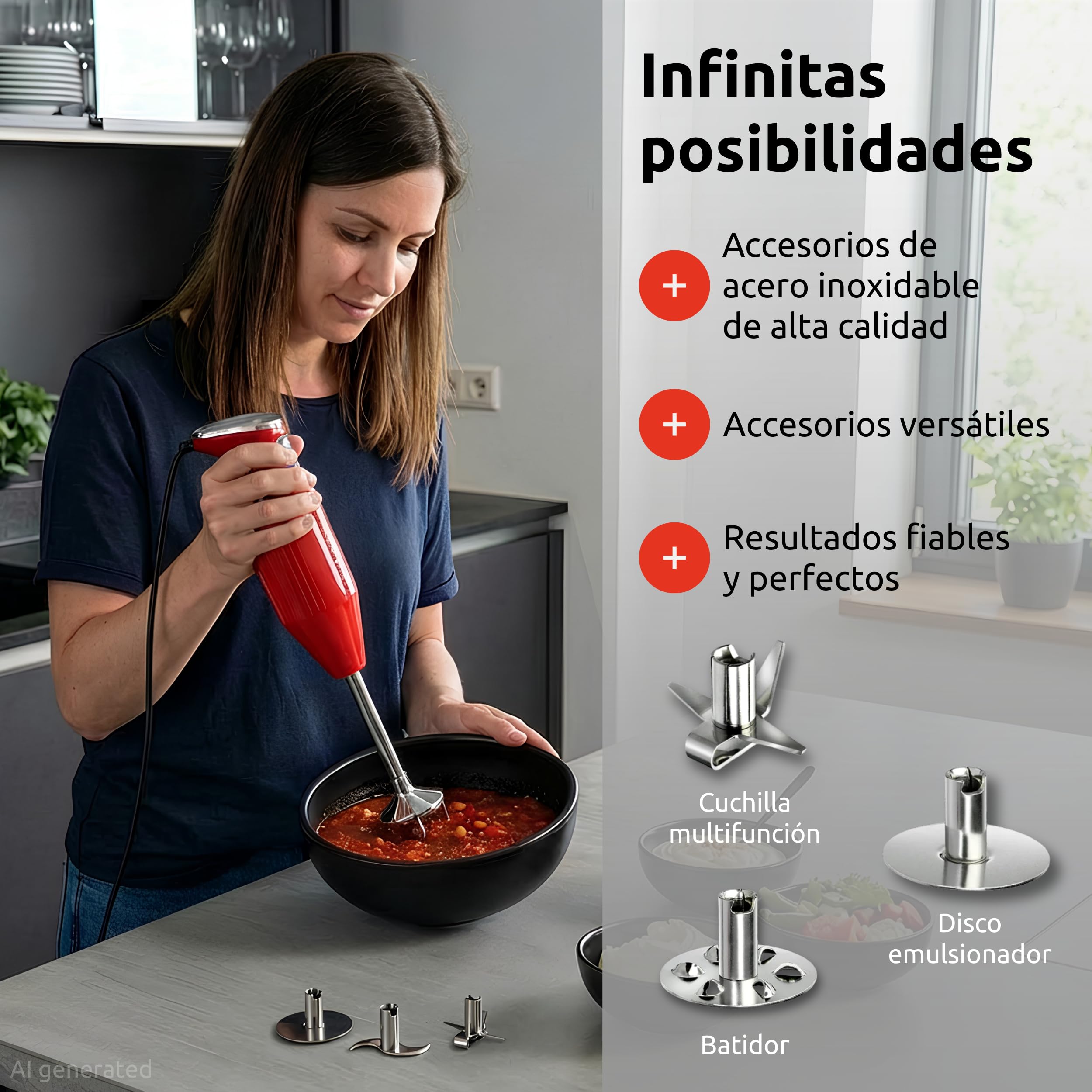bamix Set de batidora de mano M250 PRIME con multicuchilla, Mezclador, Disco giratorio de acero inoxidable, 250 vatios, 2 velocidades, Made in Switzerland, Rojo/cromado