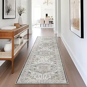 Madane Hallway Washable Runner Rug - 2x10 Kitchen Rugs Entryway Rug Runner Vintage Soft Floor Mat Non Slip Indoor Farmhouse Carpet for Bathroom Living Room Bedroom (2 X 10, Ivory/Brown)
