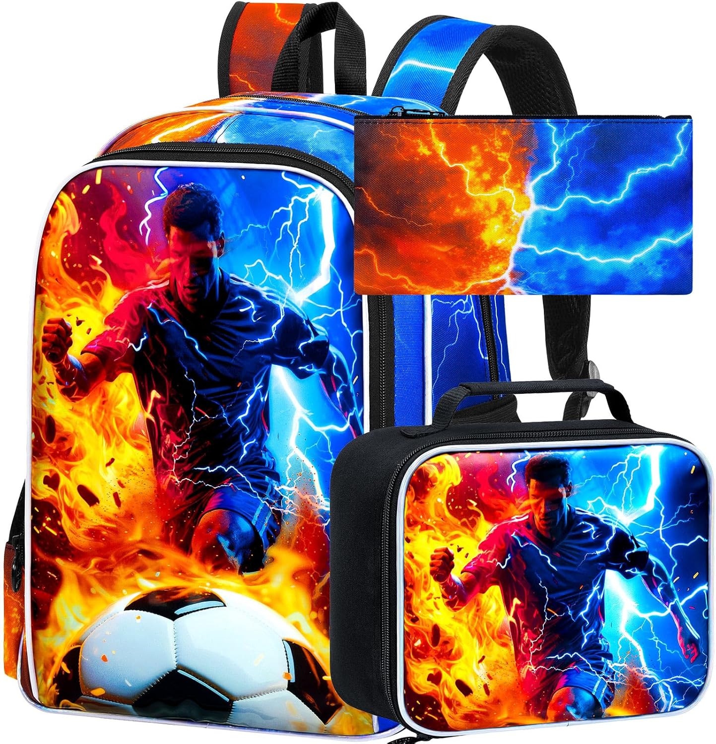 AGSDON 3PCS Boys Backpack for Boys, 17" Kids Bookbag with Lunch Box for Boy,Soccer Flame Thunder Backpacks Water Resistant and Lightweight for Teen