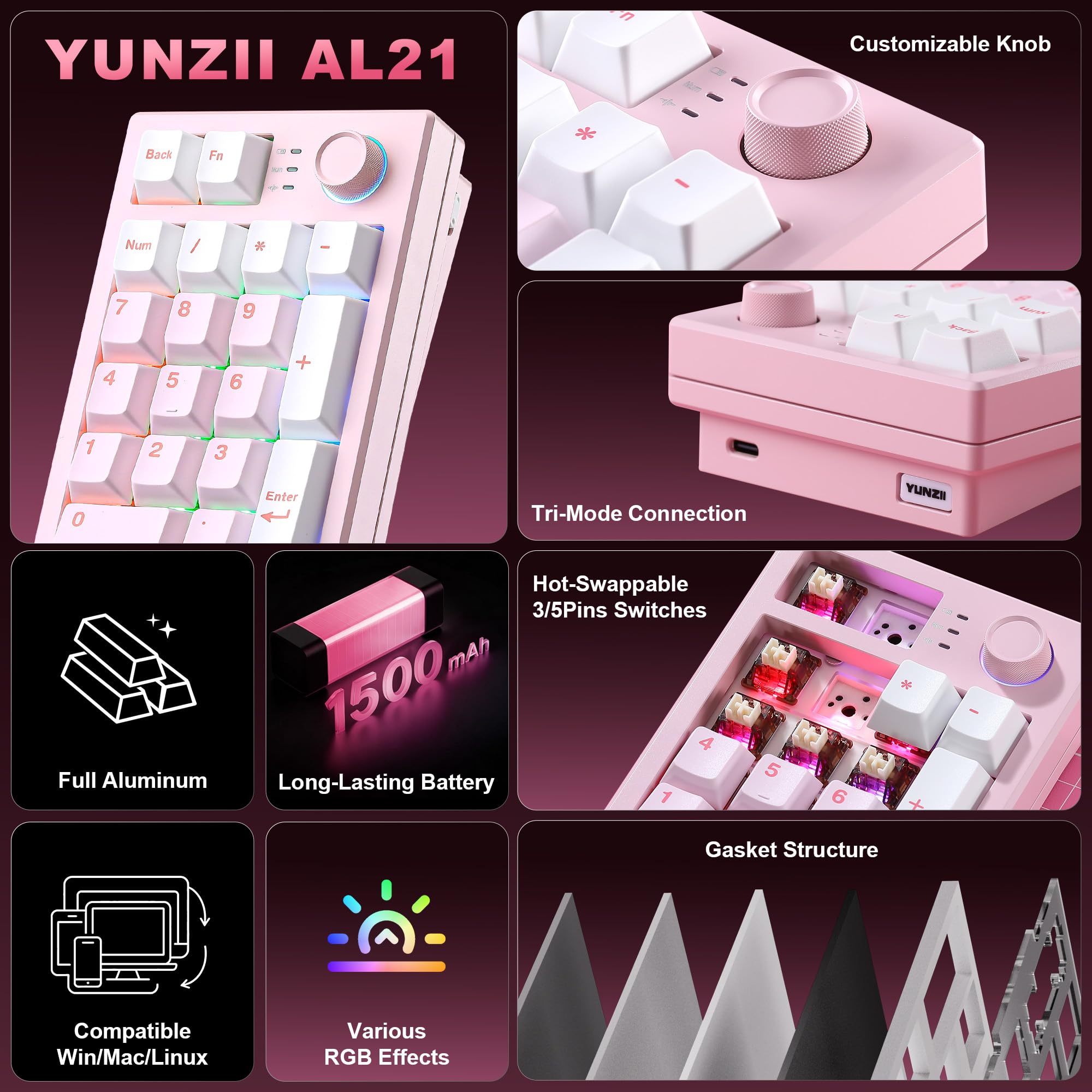 YUNZII AL21 Pavé Numérique sans Fil en Aluminium (Rose, Cocoa Cream V2)