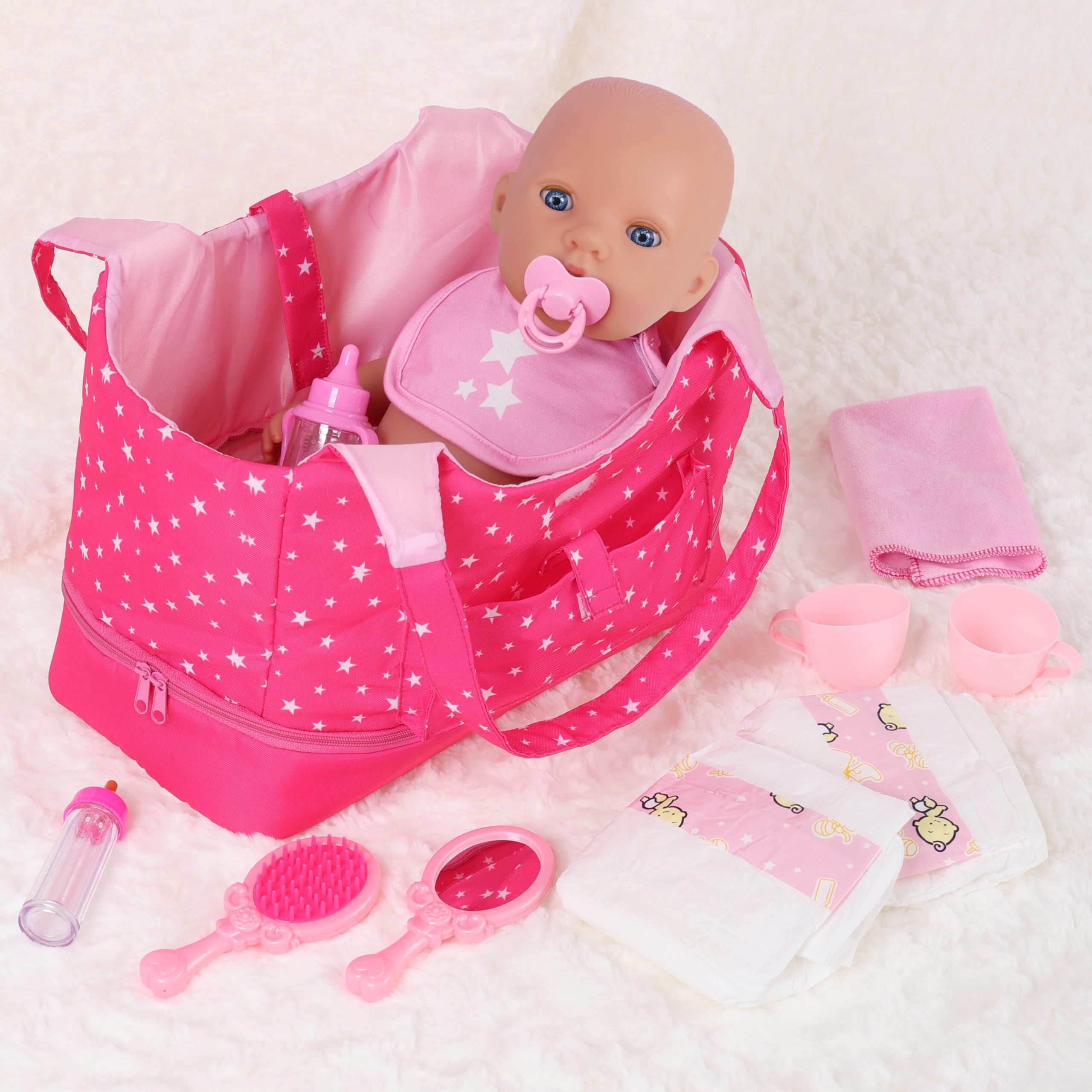 Accessoires pour poupée bébé 13 pièces avec Sac de Rangement | Kit de soin pour poupées 14–18 pouces, inclut biberon et couche, parfait pour le jeu d’imitation des filles
