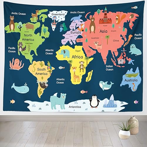 Miniatura 2 de BELECO Tapiz de mapa del mundo infantil para colgar en la pared, diseño de animales de dibujos animados, para dormitorio, sala de estar, dormitorio