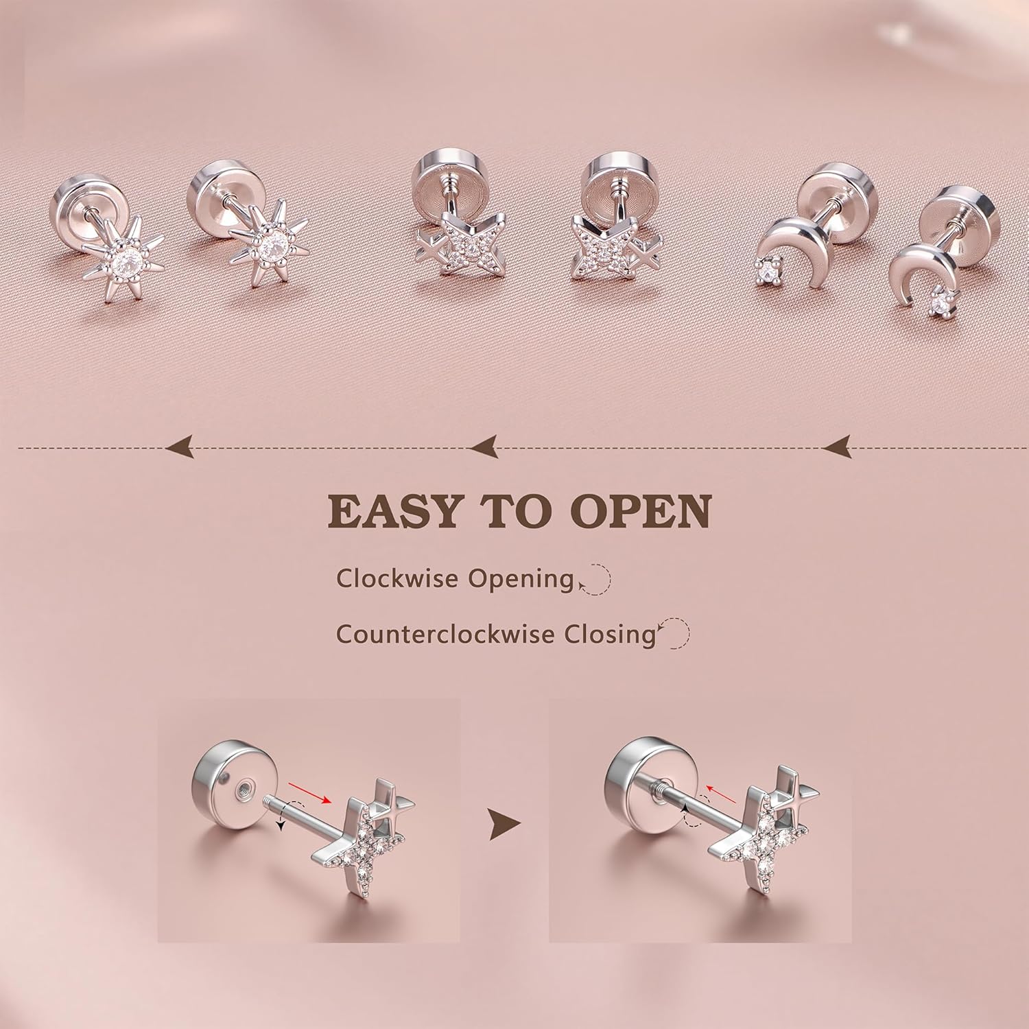 14K Gold Plated Solid 925 Sterling Silver Post Flat Back Earrings Stud | Cartilage Helix Conch Tragus Piercing Jewelry 3 Pairs Tiny Screw Dainty CZ Opal Earring Set Men Women - Image 5