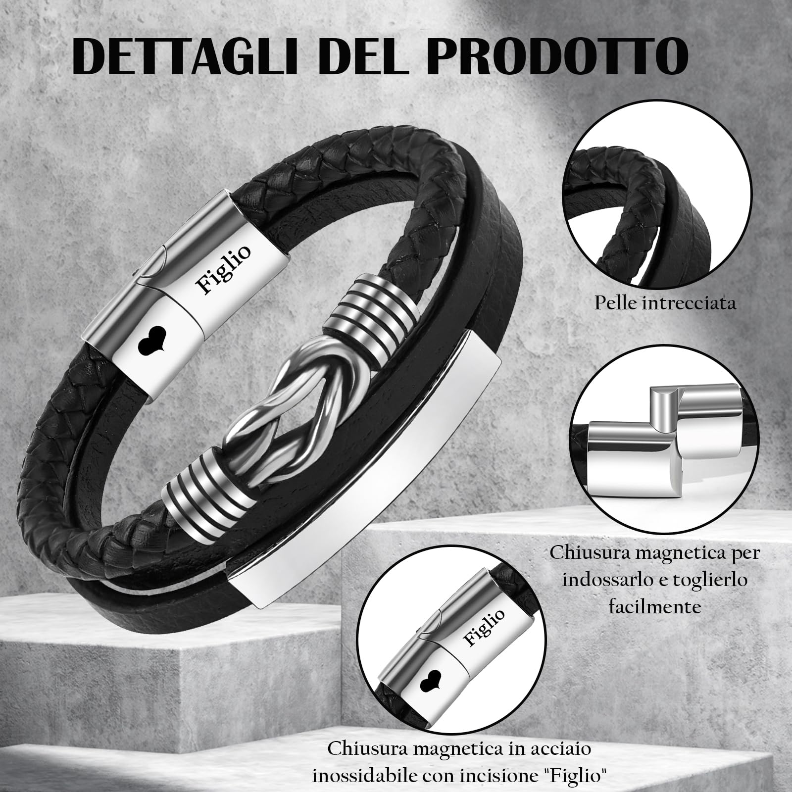 VU100 Regalo per Papà/Figlio/Uomo Bracciale in pelle per Uomo Bracciale Ti Amo Regalo per la Festa del Papà Regalo di compleanno per Figlio Fidanzato Marito Papà-Con Scatola Regalo