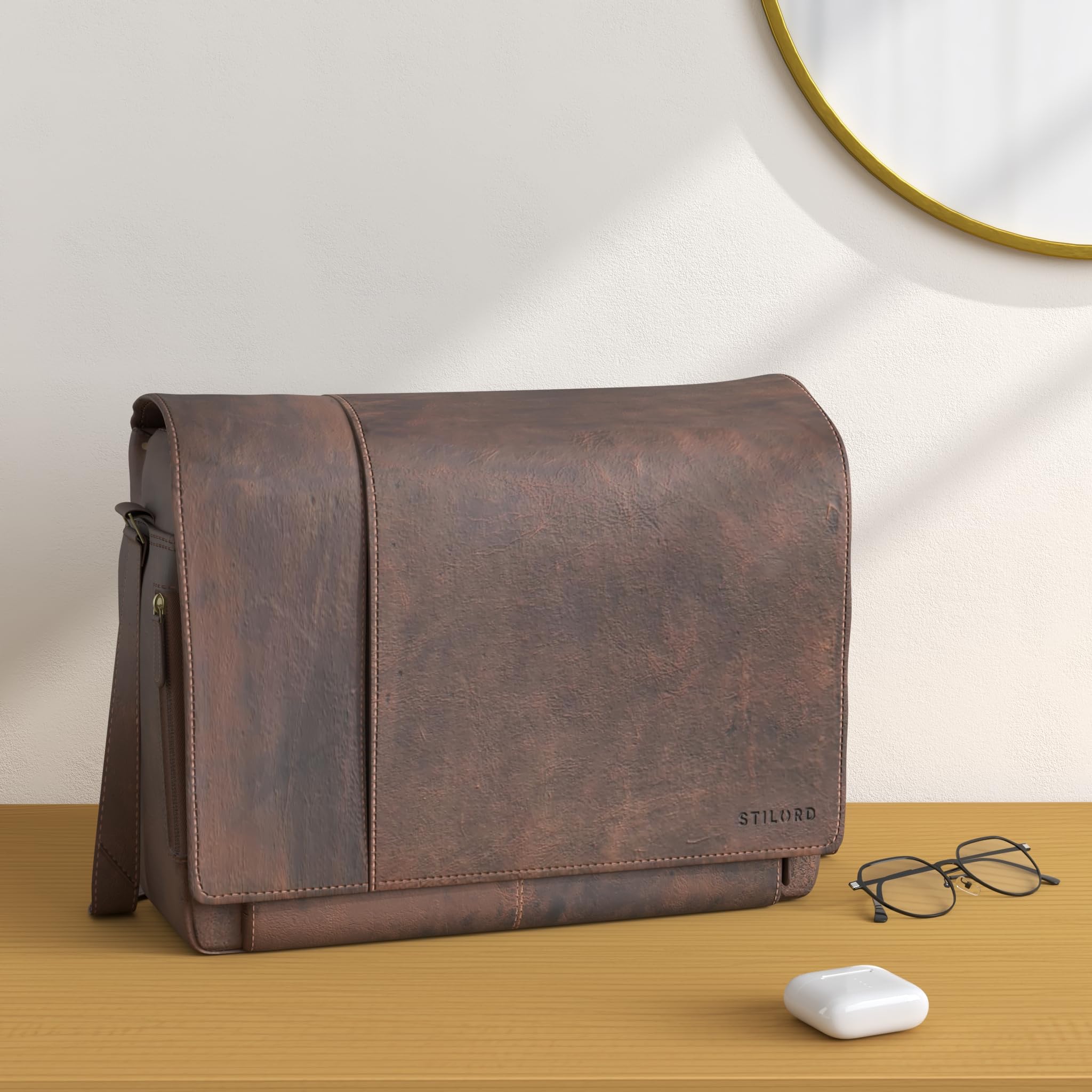 STILORD Vintage Umhängetasche Leder groß für Herren Damen 15.6 Zoll Laptoptasche Unitasche Bürotasche Moderne Aktentasche aus echtem Büffelleder