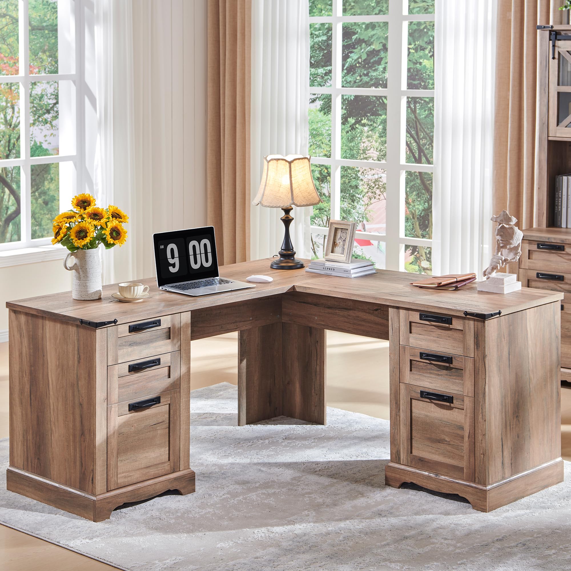 RedLemon 60" Farmhouse L Shaped Executive Desk with Drawers, Wood Home Office Corner Desk with Charging Station, File Drawer, Storage Cabinet, Rustic Computer Writing Desk (Natural Oak)