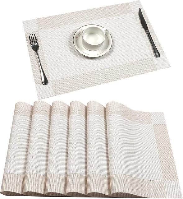 Placemat, U'Artlines Crossweave Woven Vinyl Heat Insulation Placemat Washable Table Mats (6pcs placemats, Cream White)