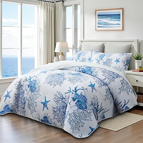 Miniatura 2 de Coastal Bedding - Colcha costera tamaño King con 2 fundas, juegos de edredón náutico de playa, colcha de océano con estrellas de mar azul, ropa de