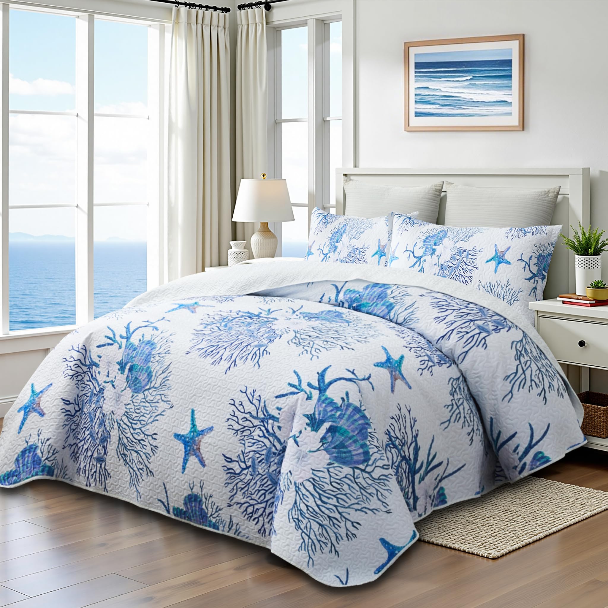 Set di biancheria da letto stile costiero, per letto king size, trapunta con 2 federe, motivo nautico, oceano, fantasia con stelle marine blu (Starfish), copriletto estivo, 244 x 269 cm
