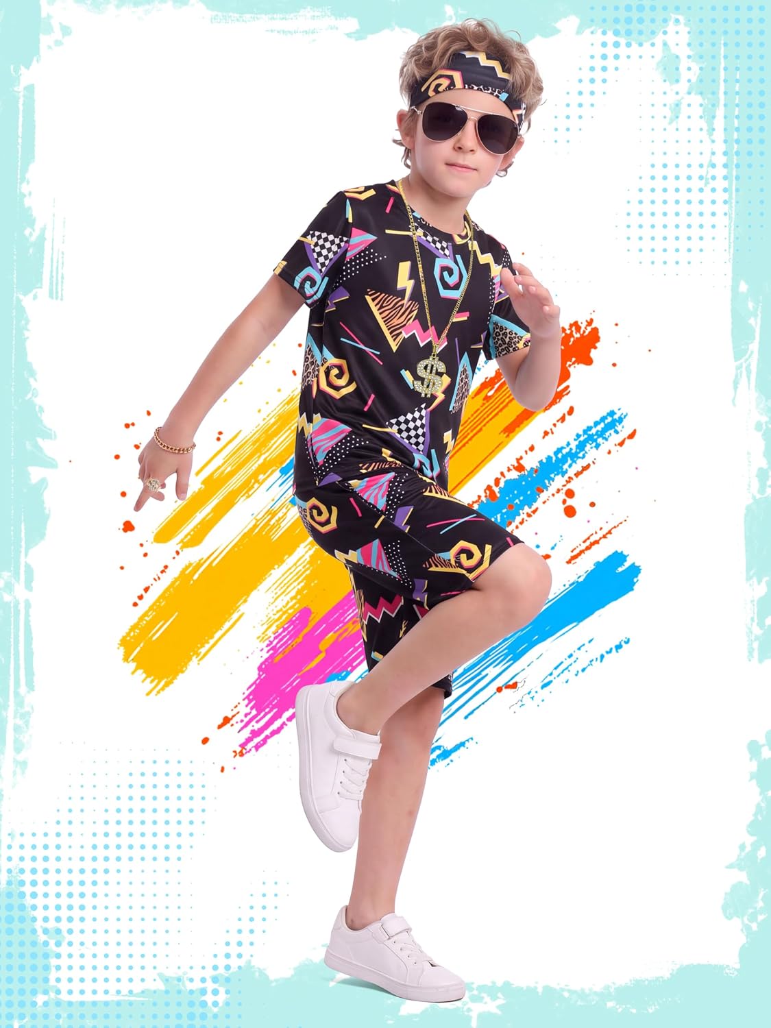 AOTHSO 80s 90s Outfits Costume Set Retro T-Shirt & Shorts Neon Hip Hop Rapper Accessories for Theme Party, 5-12 Years